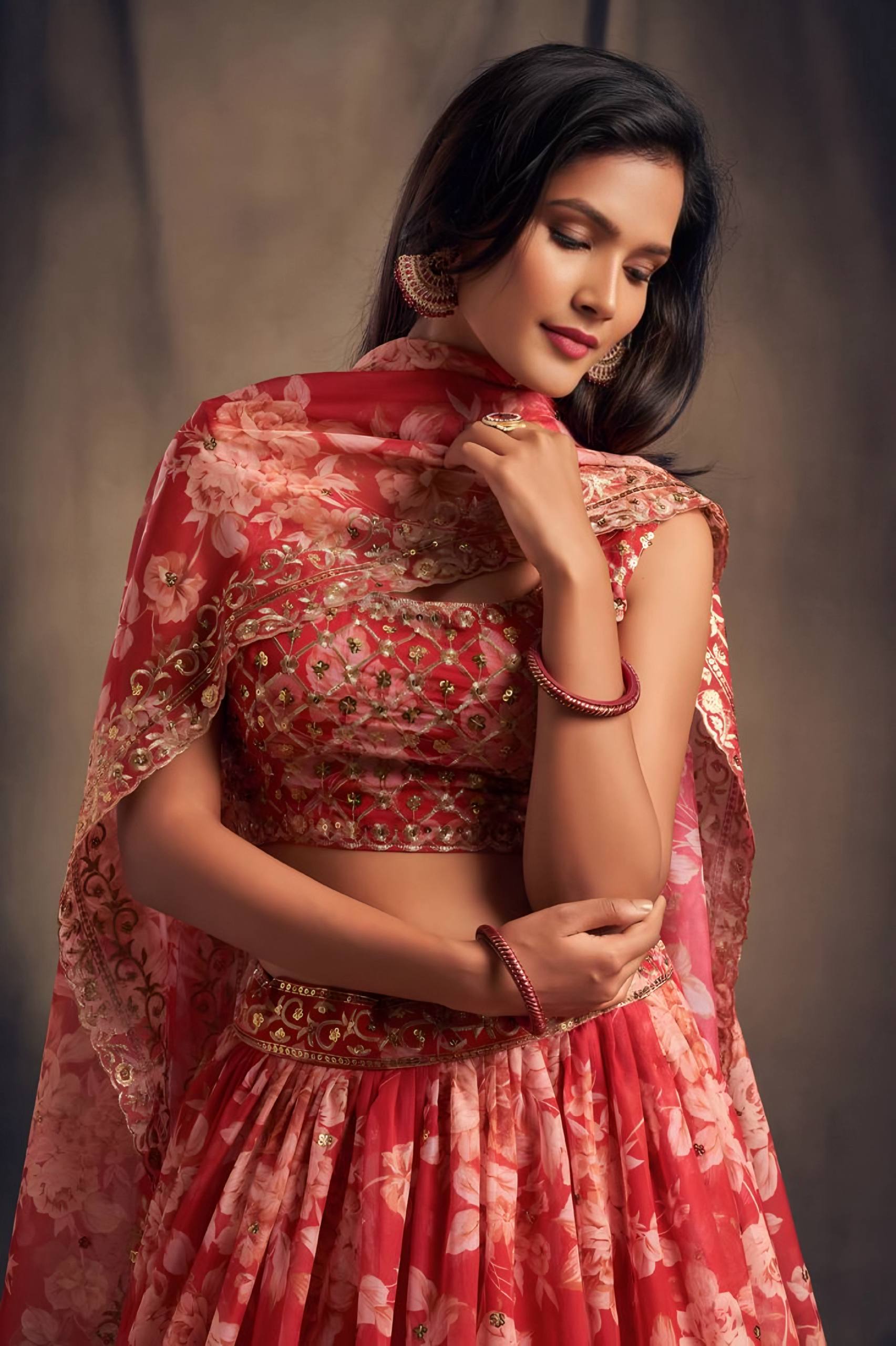 ❤️ Red Floral Embroidered Lehenga Set ✨