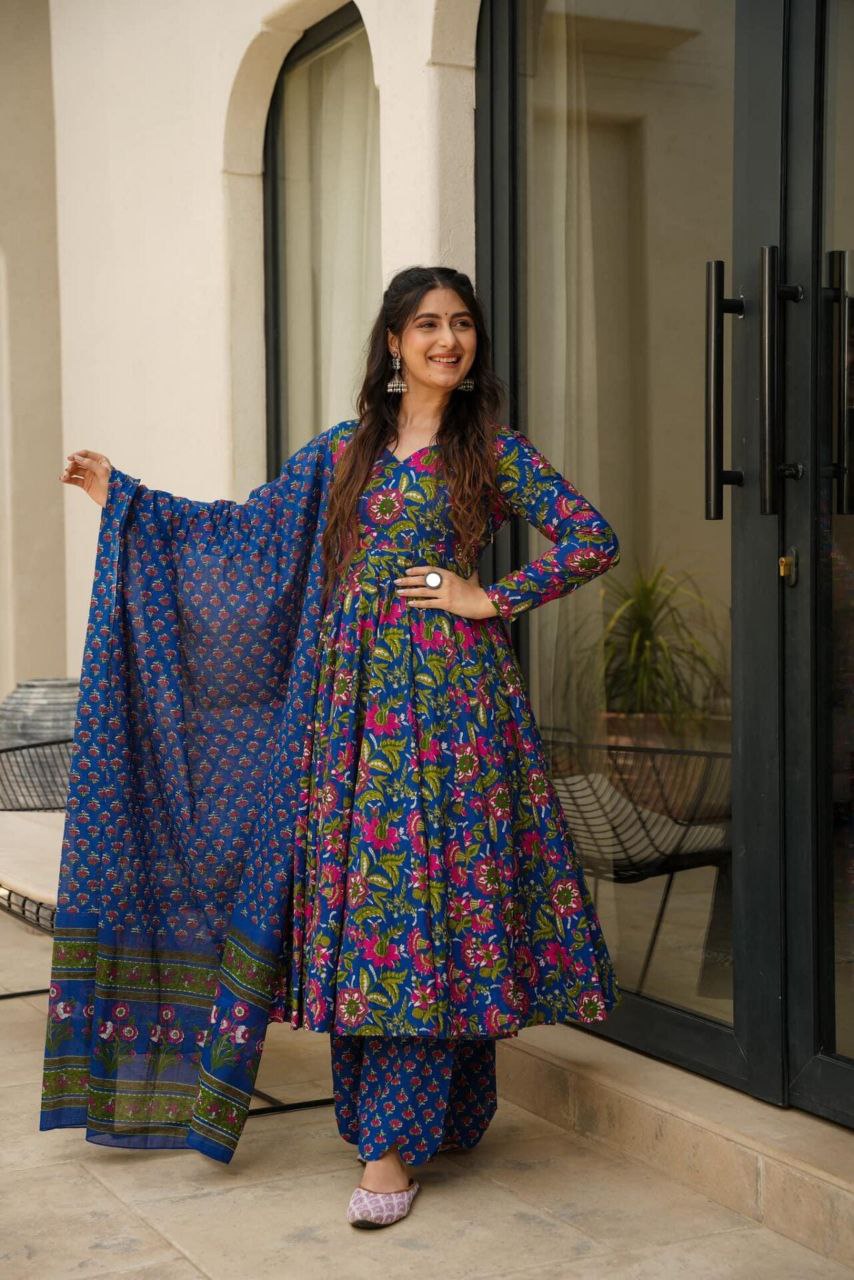 Royal Blue Floral Anarkali Set with Dupatta 🌸✨