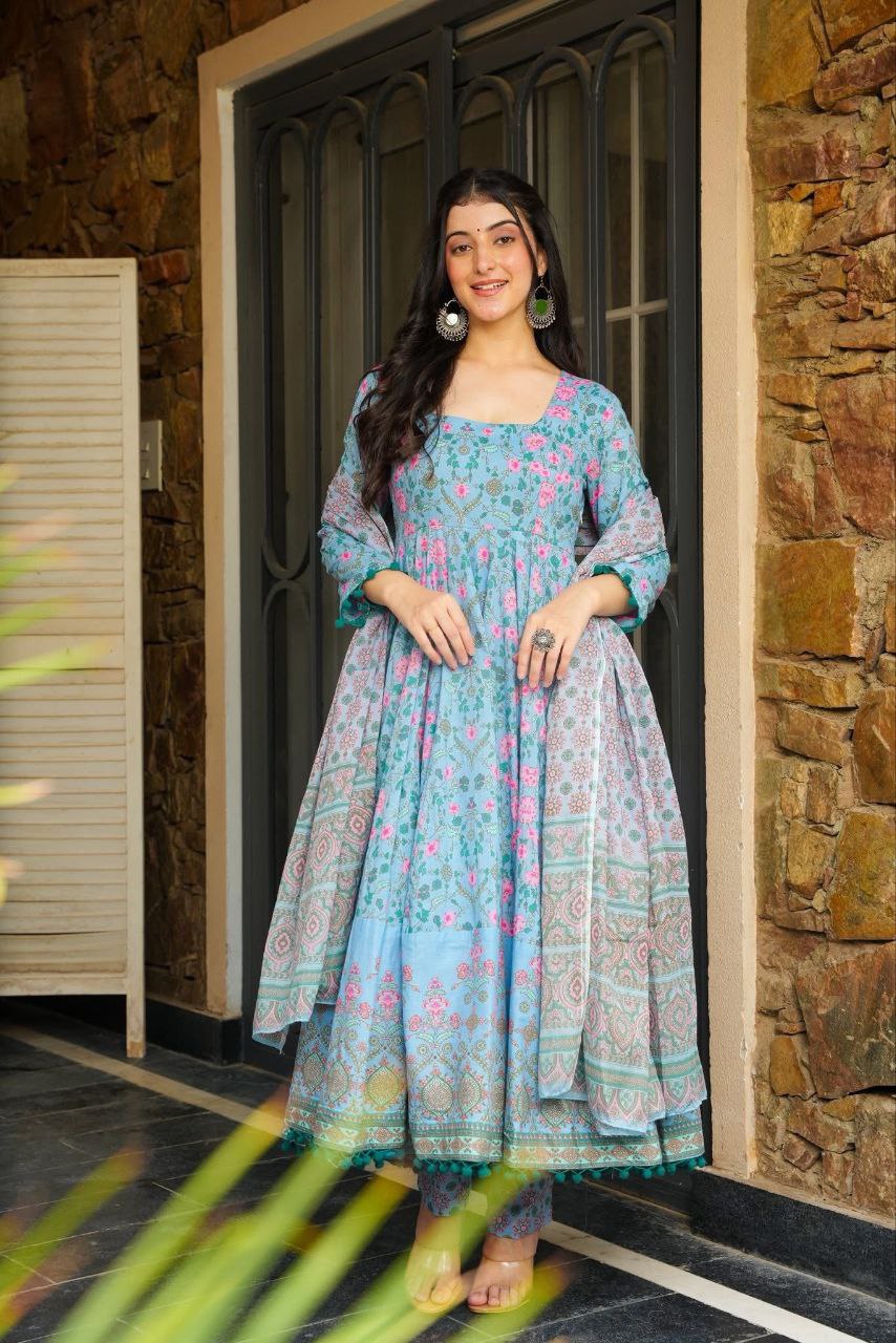 🌸 Elegant Sky Blue Floral Anarkali Kurta Set with Dupatta 🌸