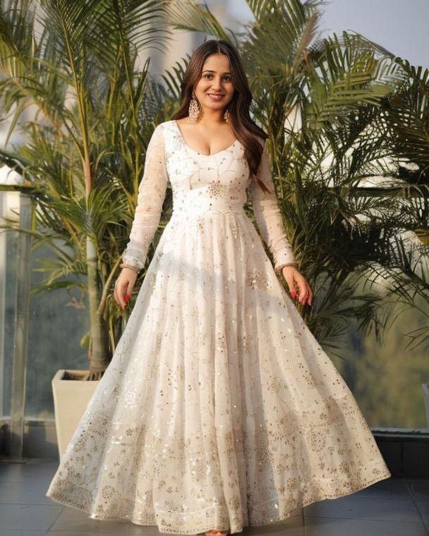 🤍 Golden Glow White Embroidered Anarkali Set