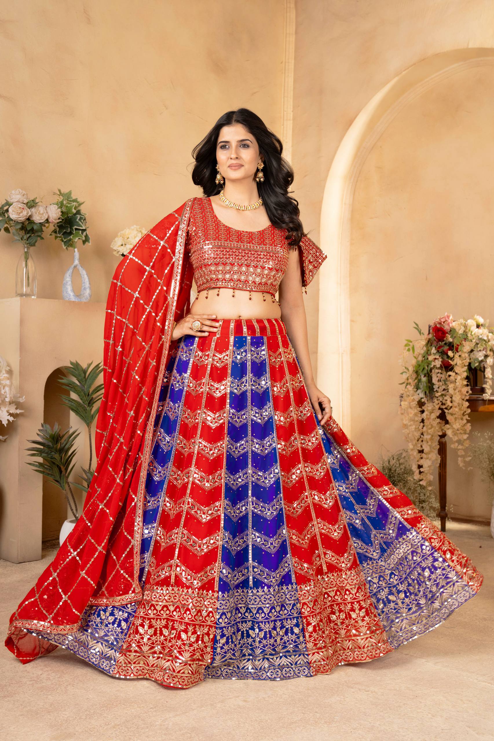 Red & Royal Blue Heavy Embroidered Work Lehenga Choli with Dupatta ✨👑