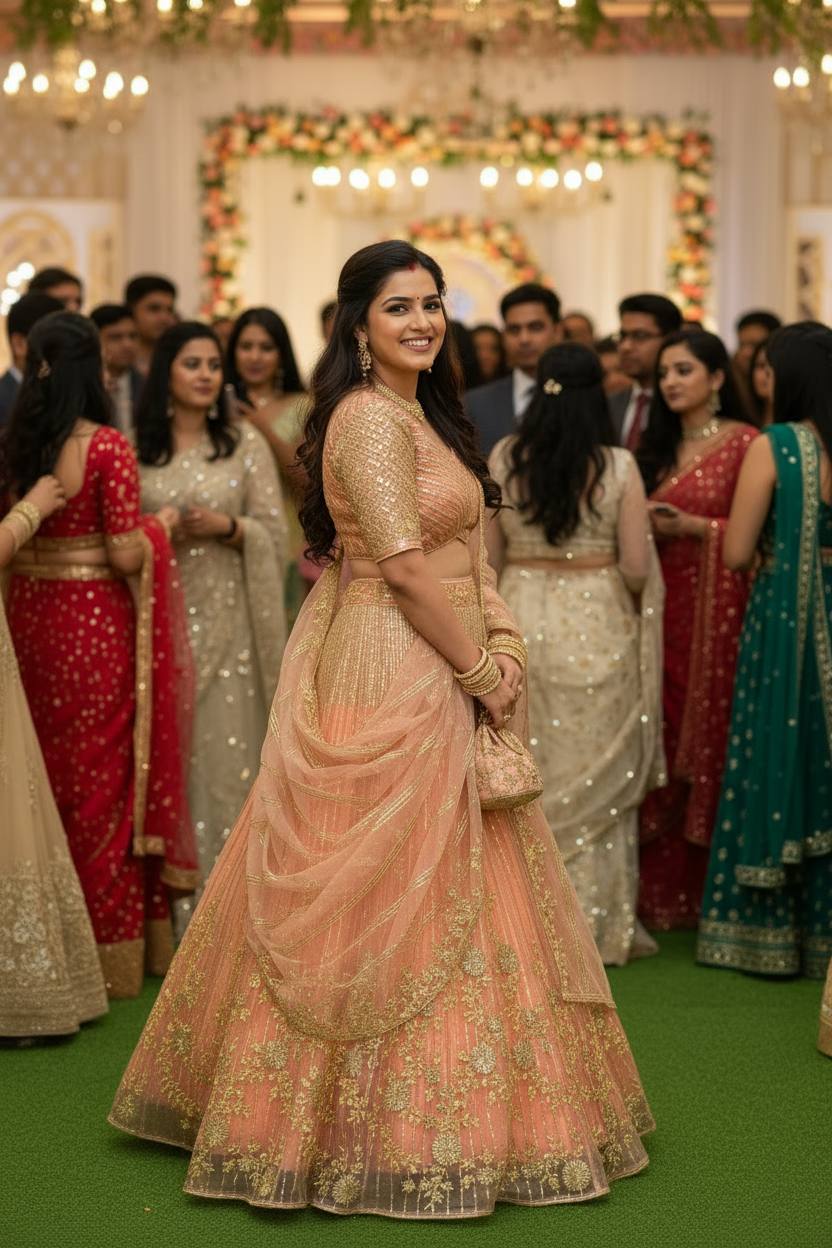 Peach Gold Embroidered Partywear Lehenga 🌸✨