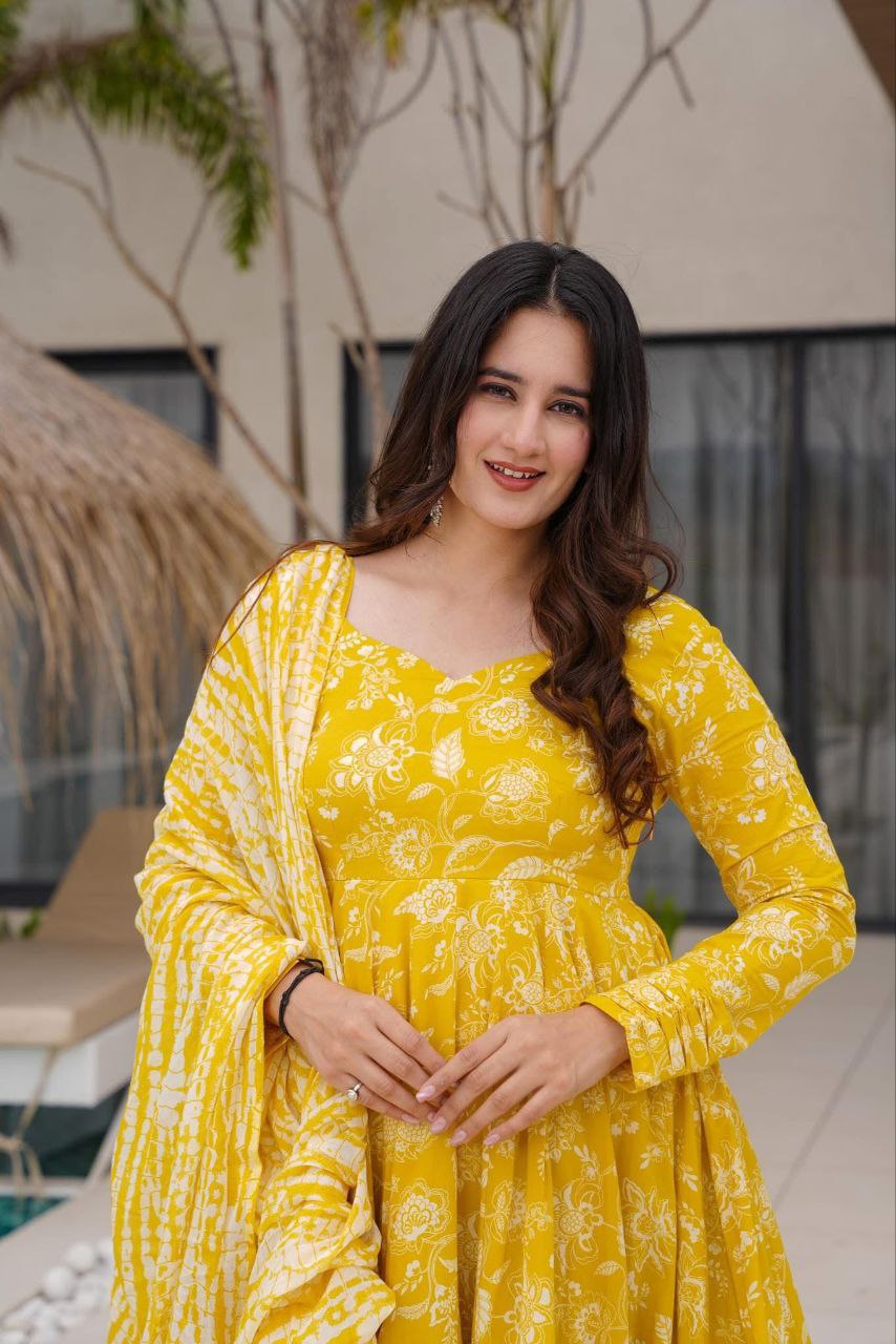 Sunny Yellow Printed Anarkali Set with Dupatta ☀️🌿