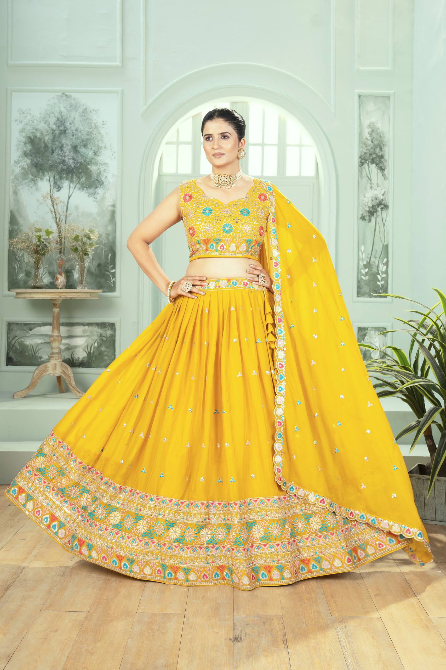 🌼 Sunshine Yellow Multicolor Embroidered Lehenga Set – Festive & Haldi Special 🌼