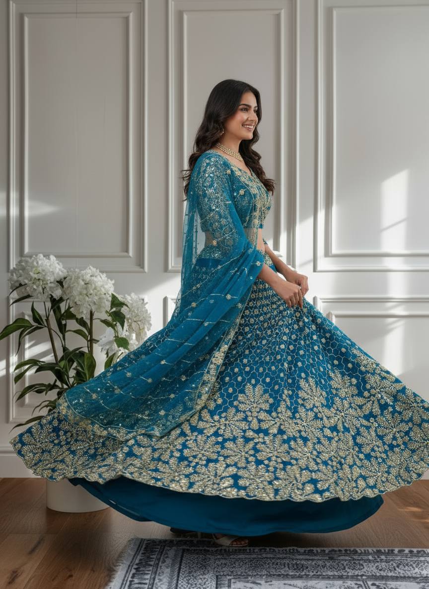 ✨ Teal Blue Embroidered Net Lehenga Choli with Dupatta