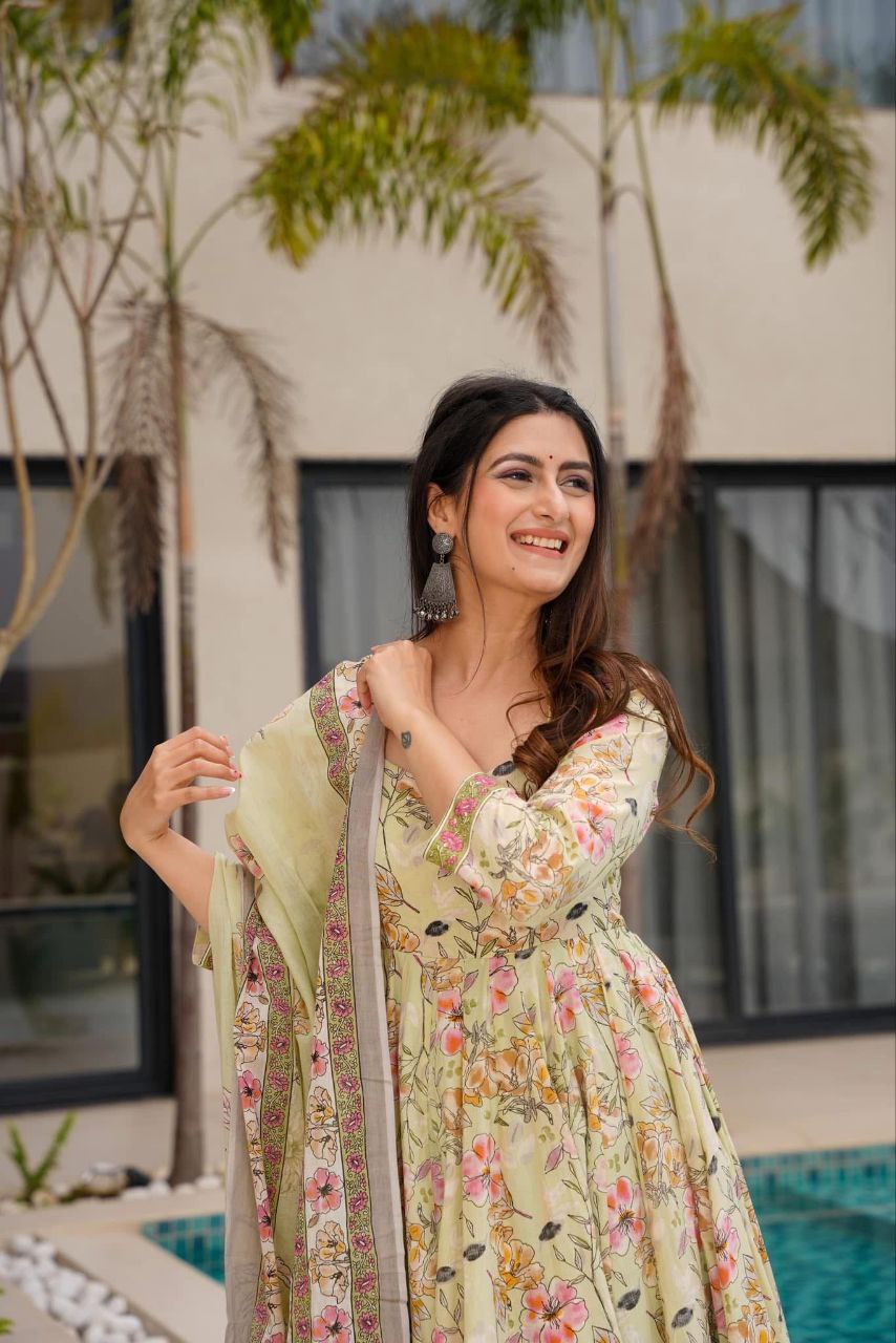 Pastel Green Floral Anarkali Set with Printed Dupatta 🌸💚