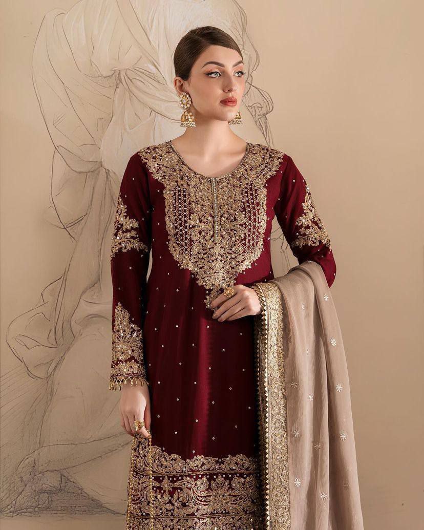 Maroon Embroidered Sharara Set with Golden Detailing