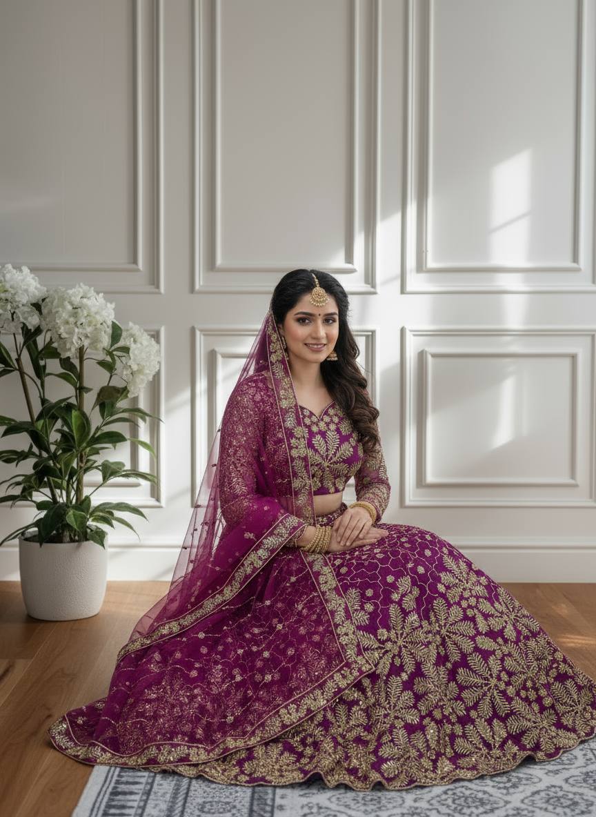 🌸 Magenta Embroidered Bridal Net Lehenga Set with Dupatta 🌸