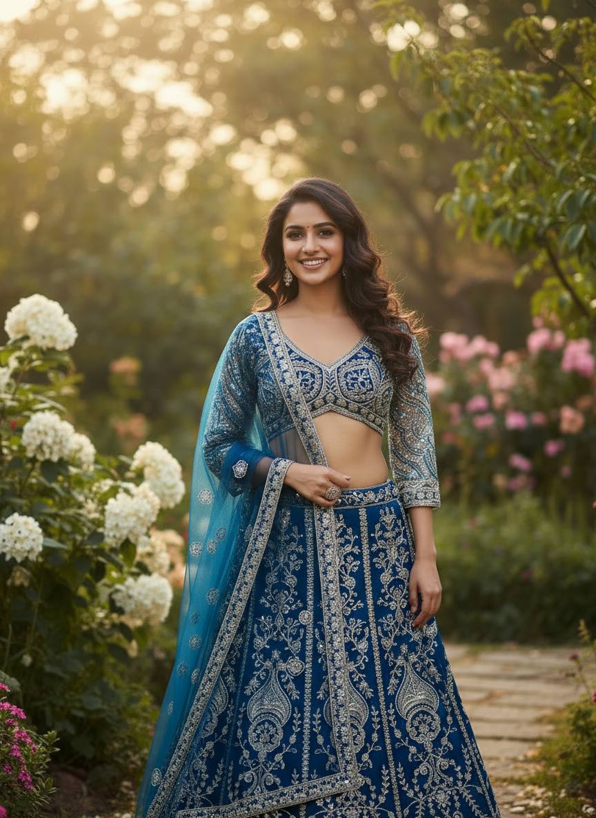 Royal Blue Embroidered Bridal Lehenga Choli with Net Dupatta ✨