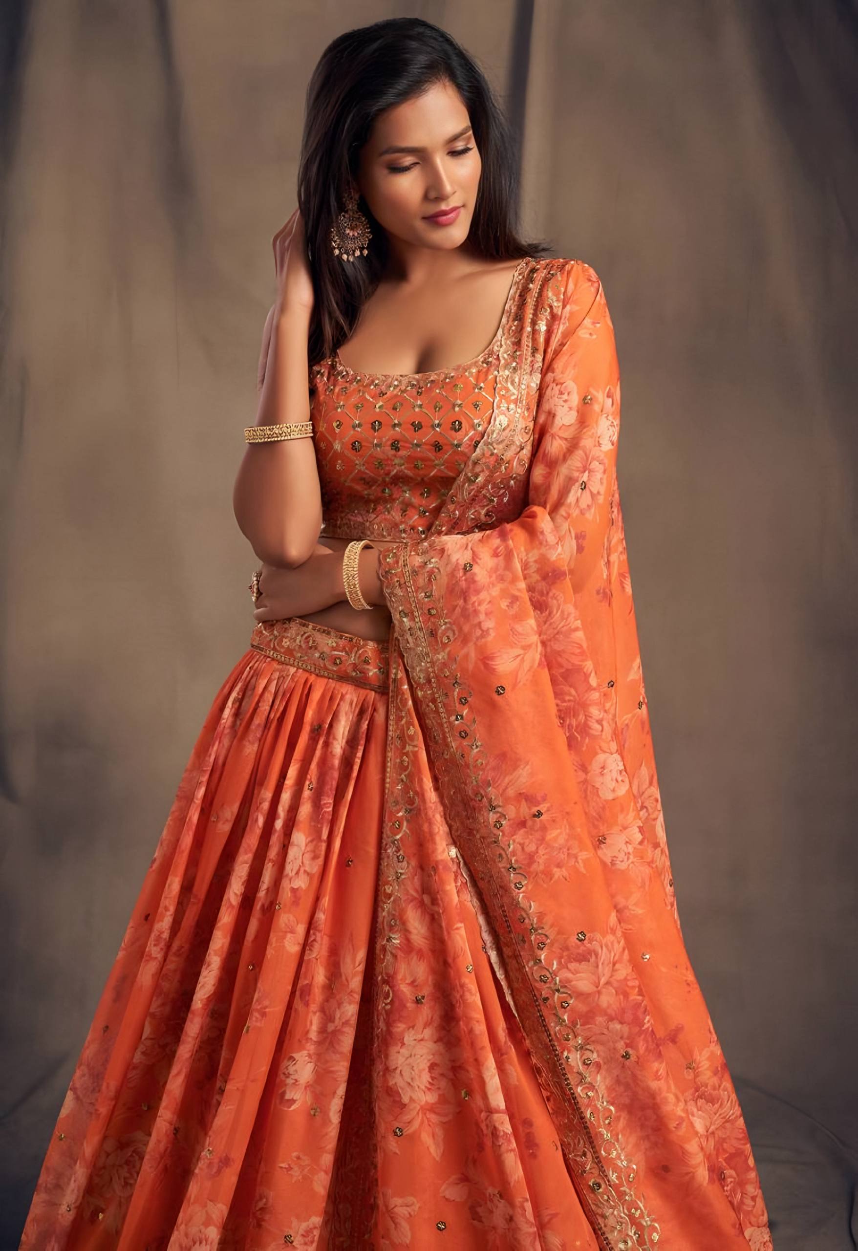 🧡 Orange Floral Embroidered Lehenga Set ✨