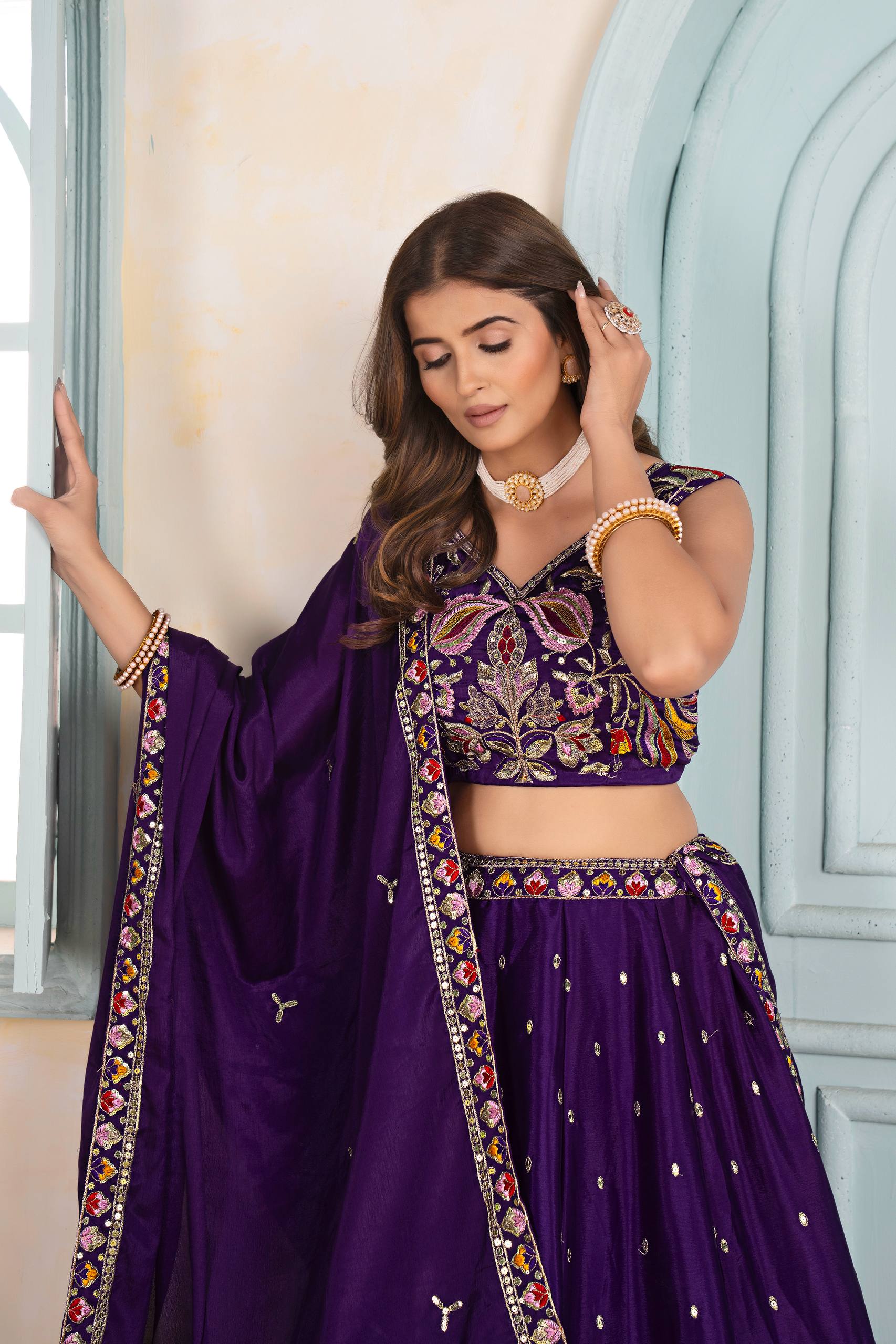 Royal Purple Embroidered Silk Lehenga Choli with Dupatta ✨🌸