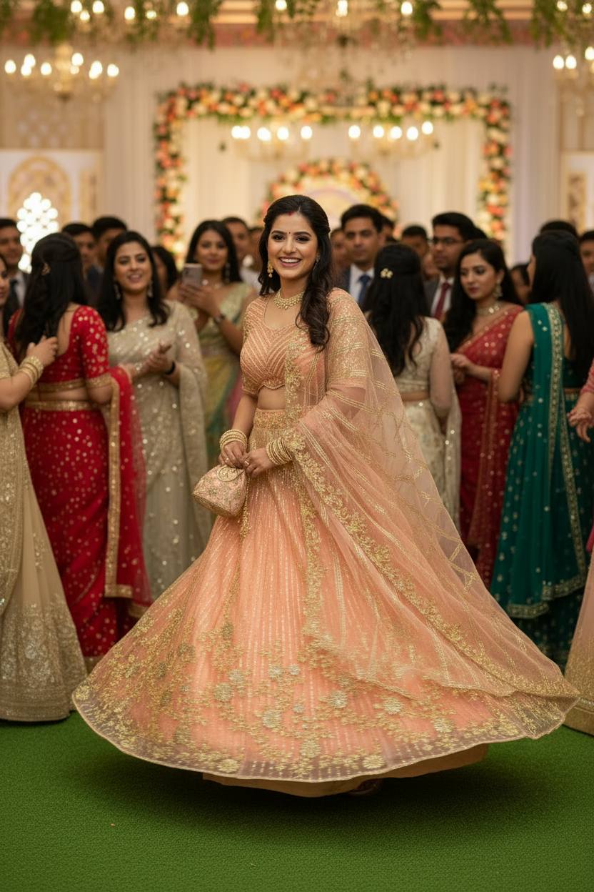 Peach Gold Embroidered Partywear Lehenga 🌸✨
