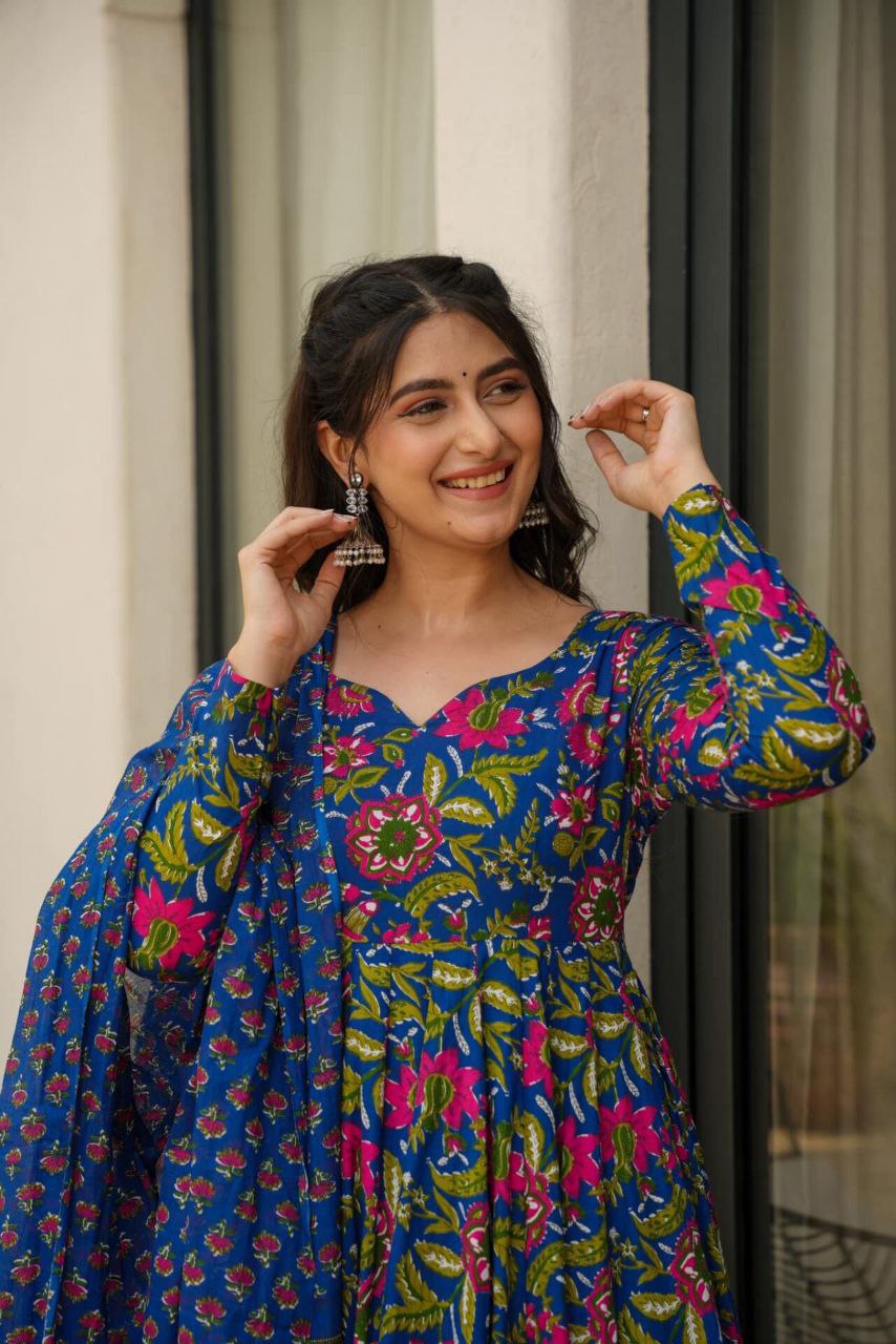 Royal Blue Floral Anarkali Set with Dupatta 🌸✨
