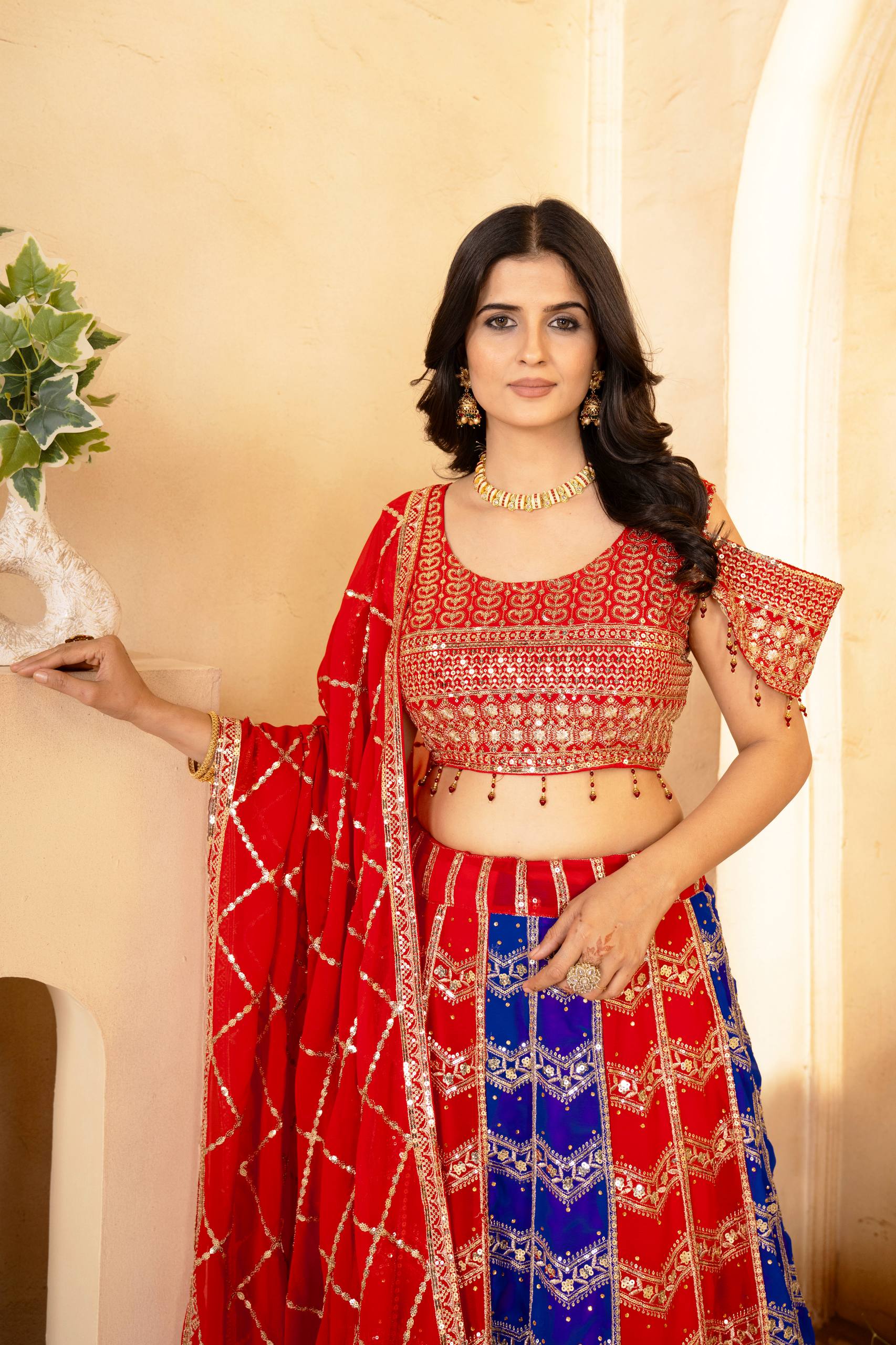 Red & Royal Blue Heavy Embroidered Work Lehenga Choli with Dupatta ✨👑
