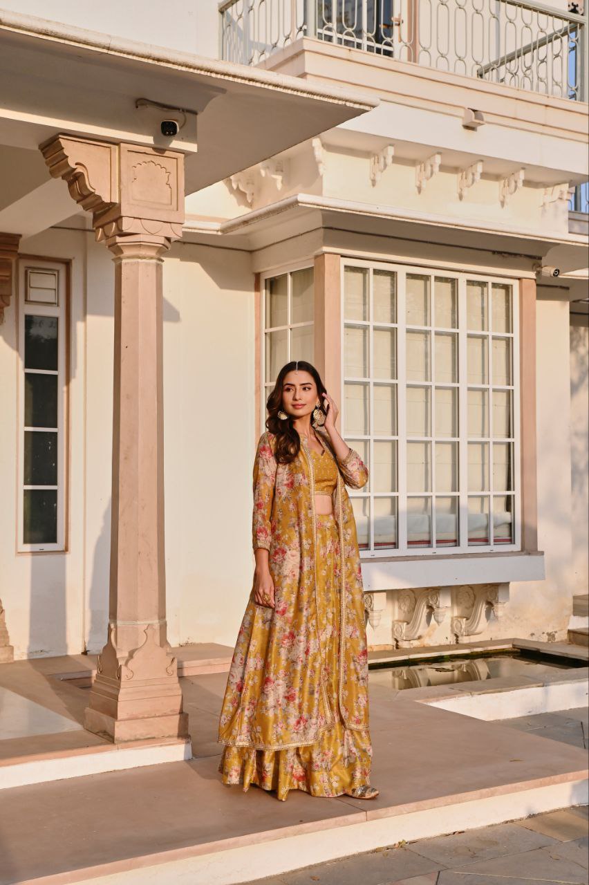 Sunshine Yellow Floral Printed Lehenga Set with Jacket