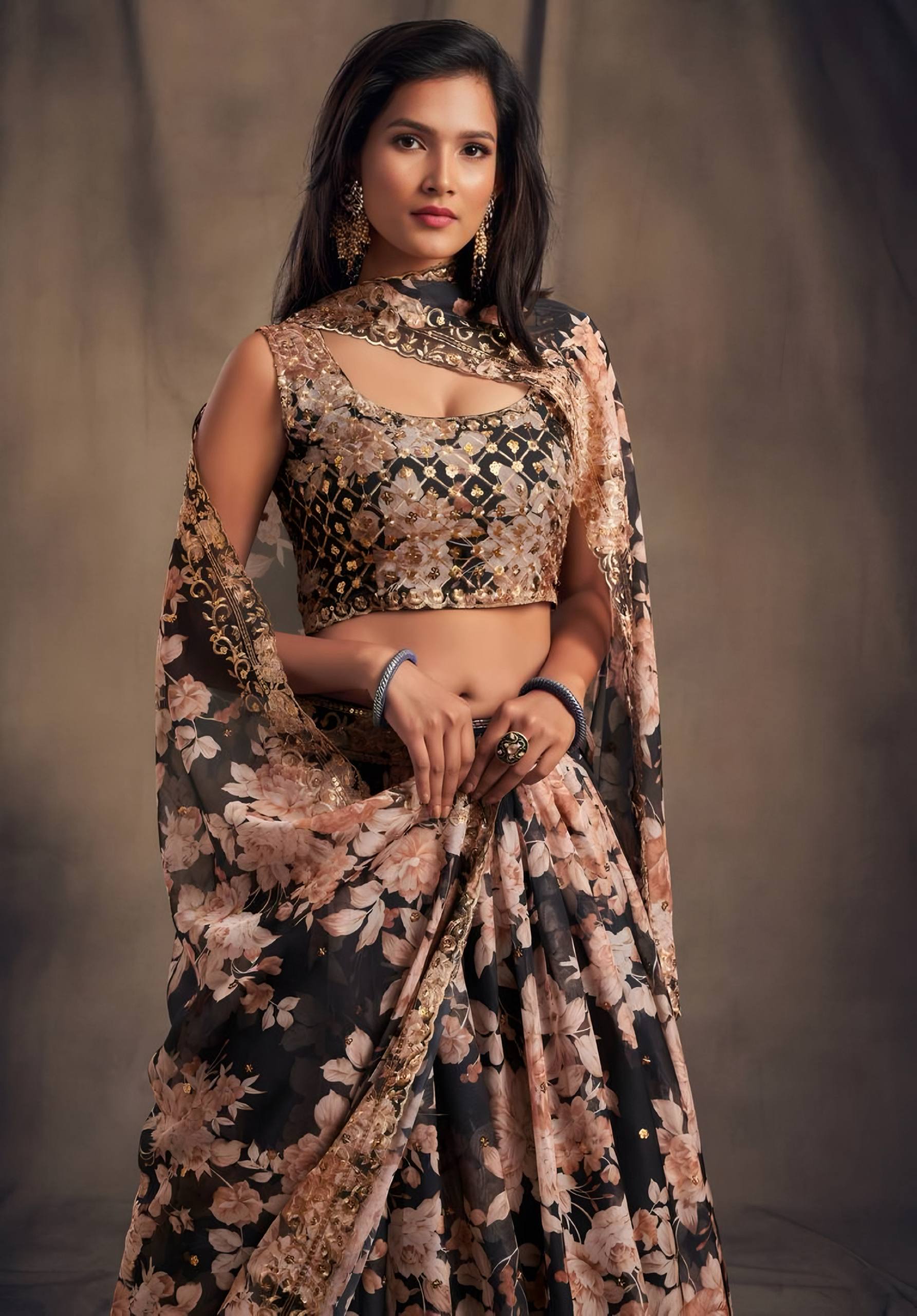 🌹 Black Floral Printed Embroidered Lehenga Set with Dupatta 🌹