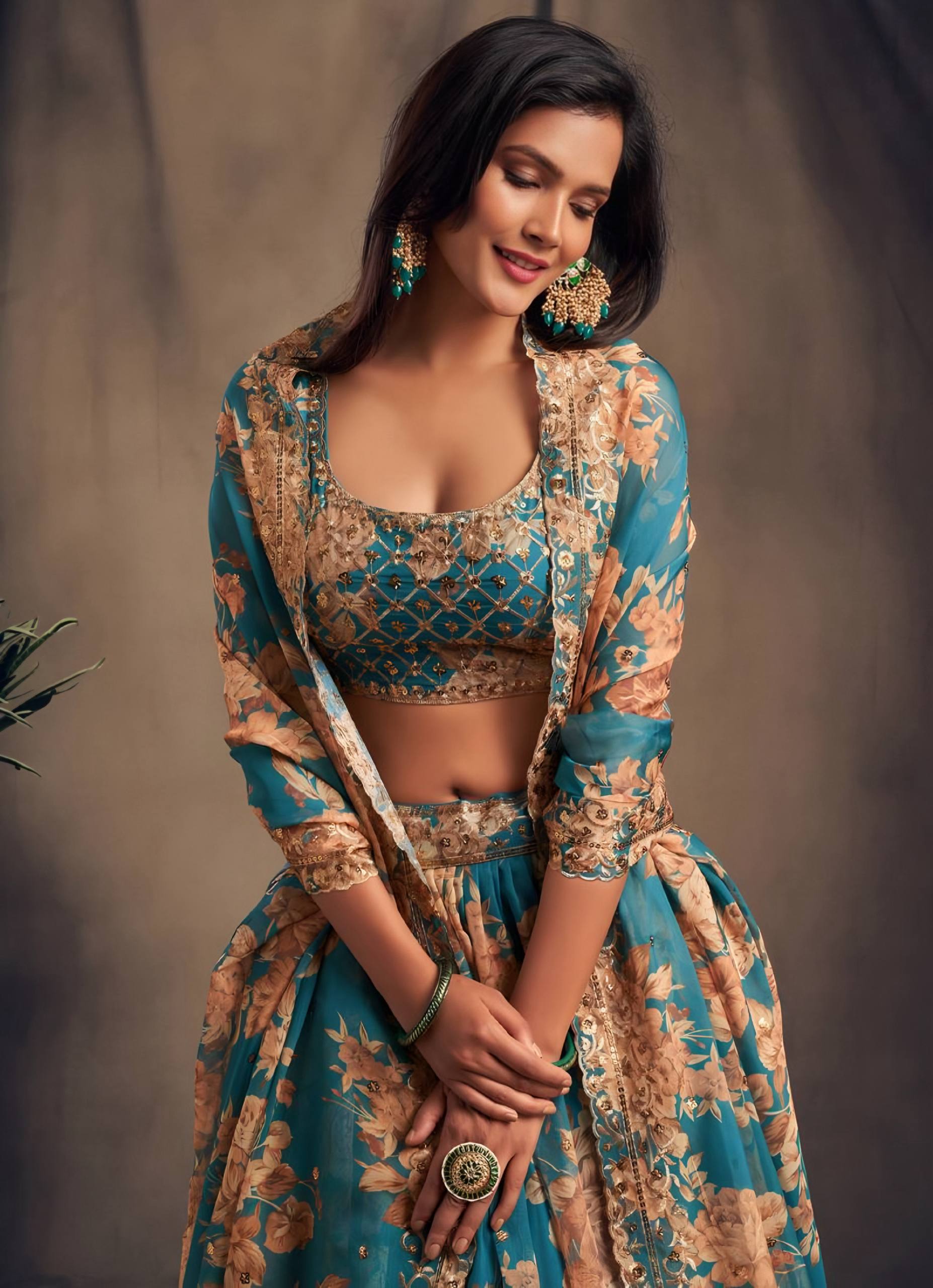 🌿 Teal Blue Floral Embroidered Lehenga Set ✨