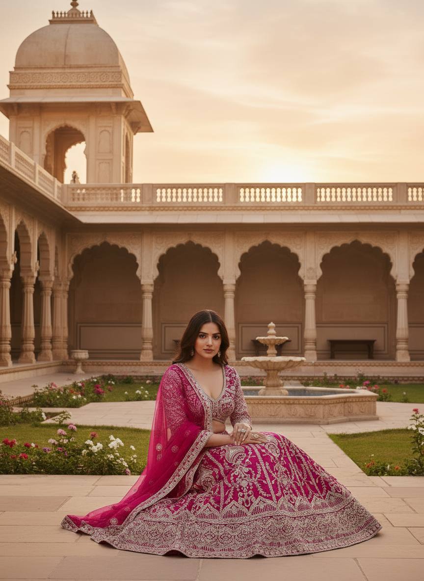 Fuchsia Pink Embroidered Bridal Lehenga Choli with Net Dupatta 🌸✨