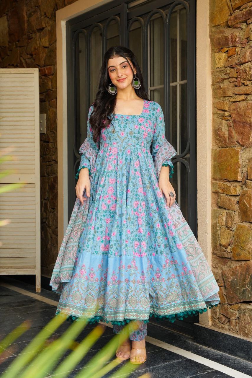 🌸 Elegant Sky Blue Floral Anarkali Kurta Set with Dupatta 🌸