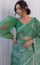 🌿 Emerald Bloom Floral Organza Saree with Belt