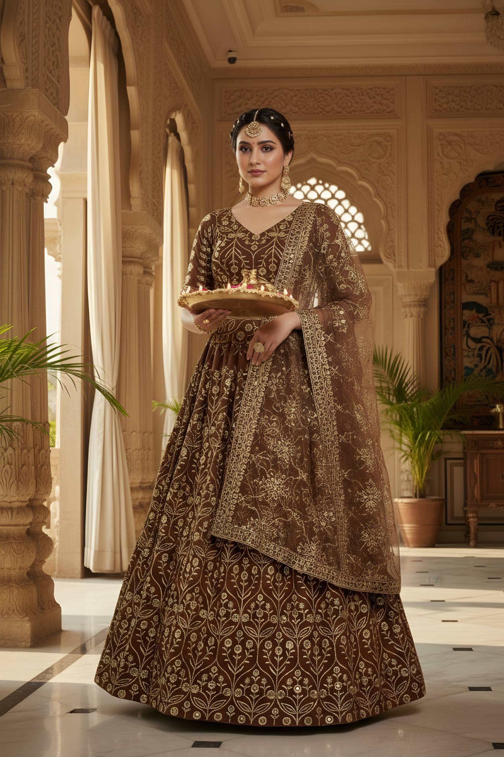 ✨ Regal Brown & Gold Embroidered Lehenga Set – Wedding & Festive Wear ✨