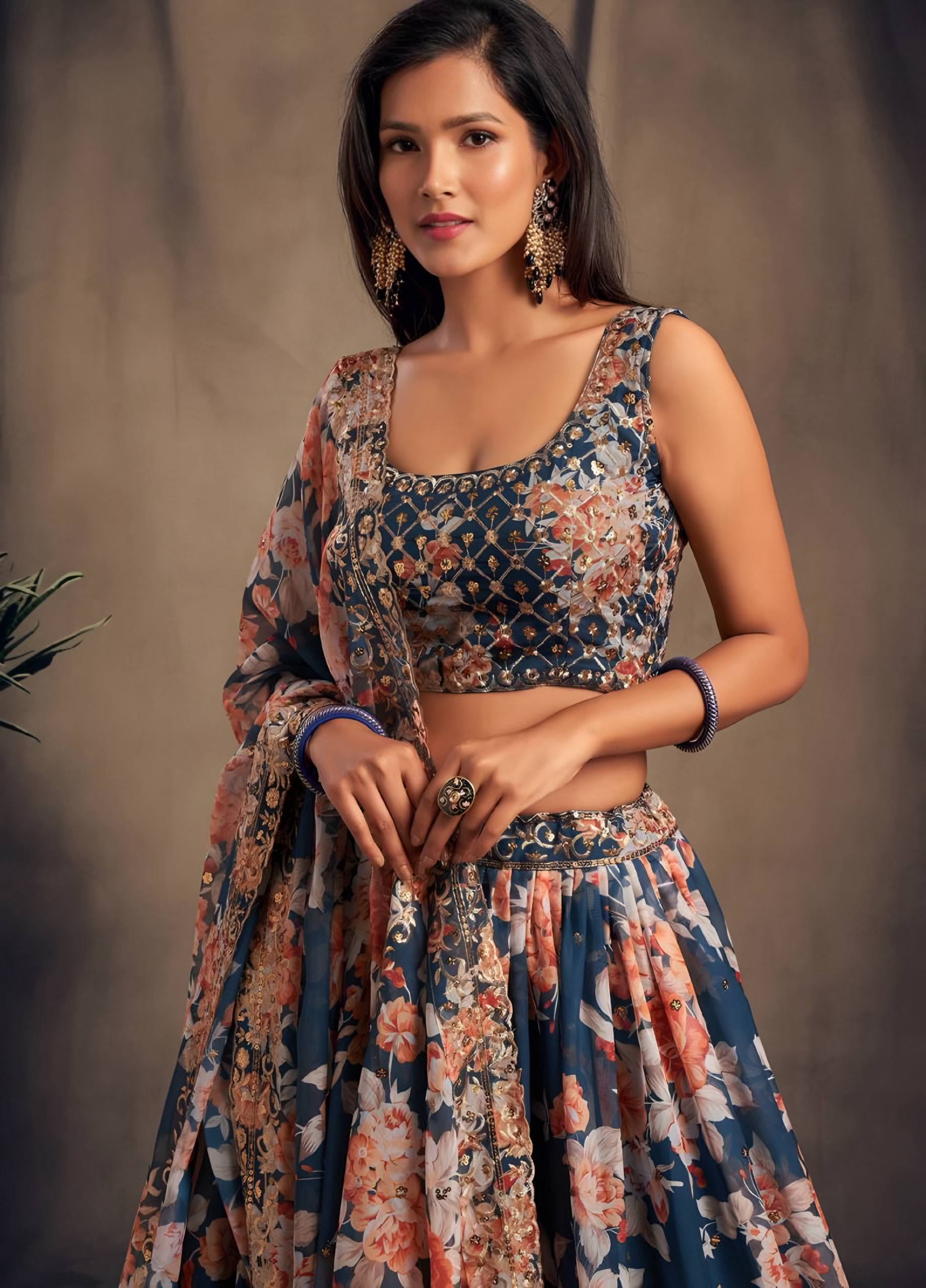 🌸 Navy Blue Floral Embroidered Lehenga Set ✨