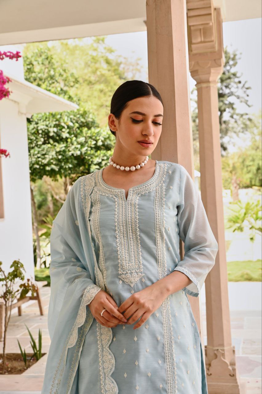 ❄️ Serene Pastel Blue Embroidered Suit Set