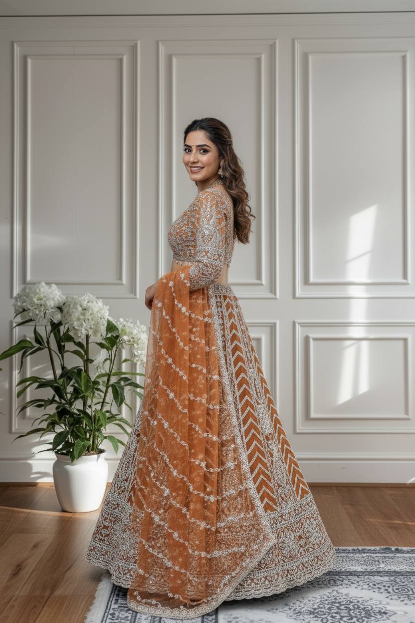 Rust Orange Heavy Embroidered Bridal Lehenga ✨👰