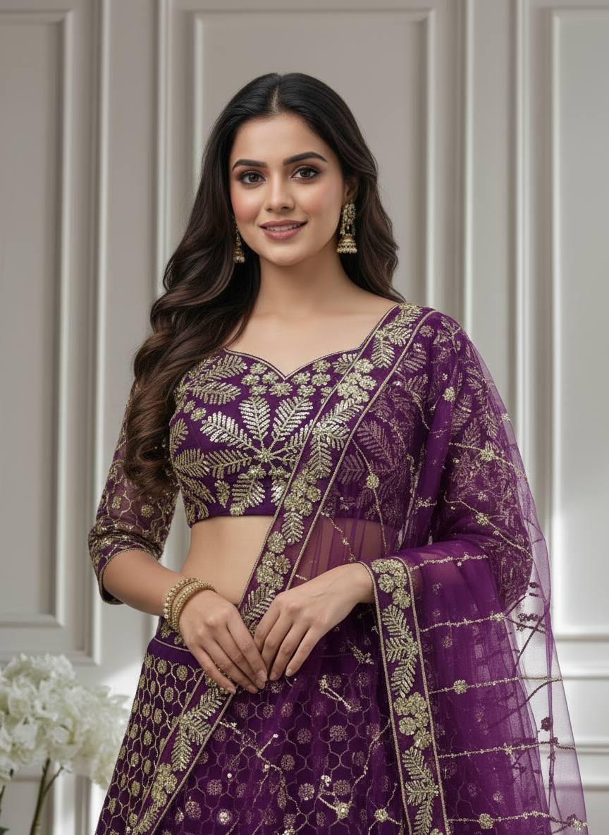 ✨ Regal Purple Embroidered Net Lehenga Set with Dupatta ✨
