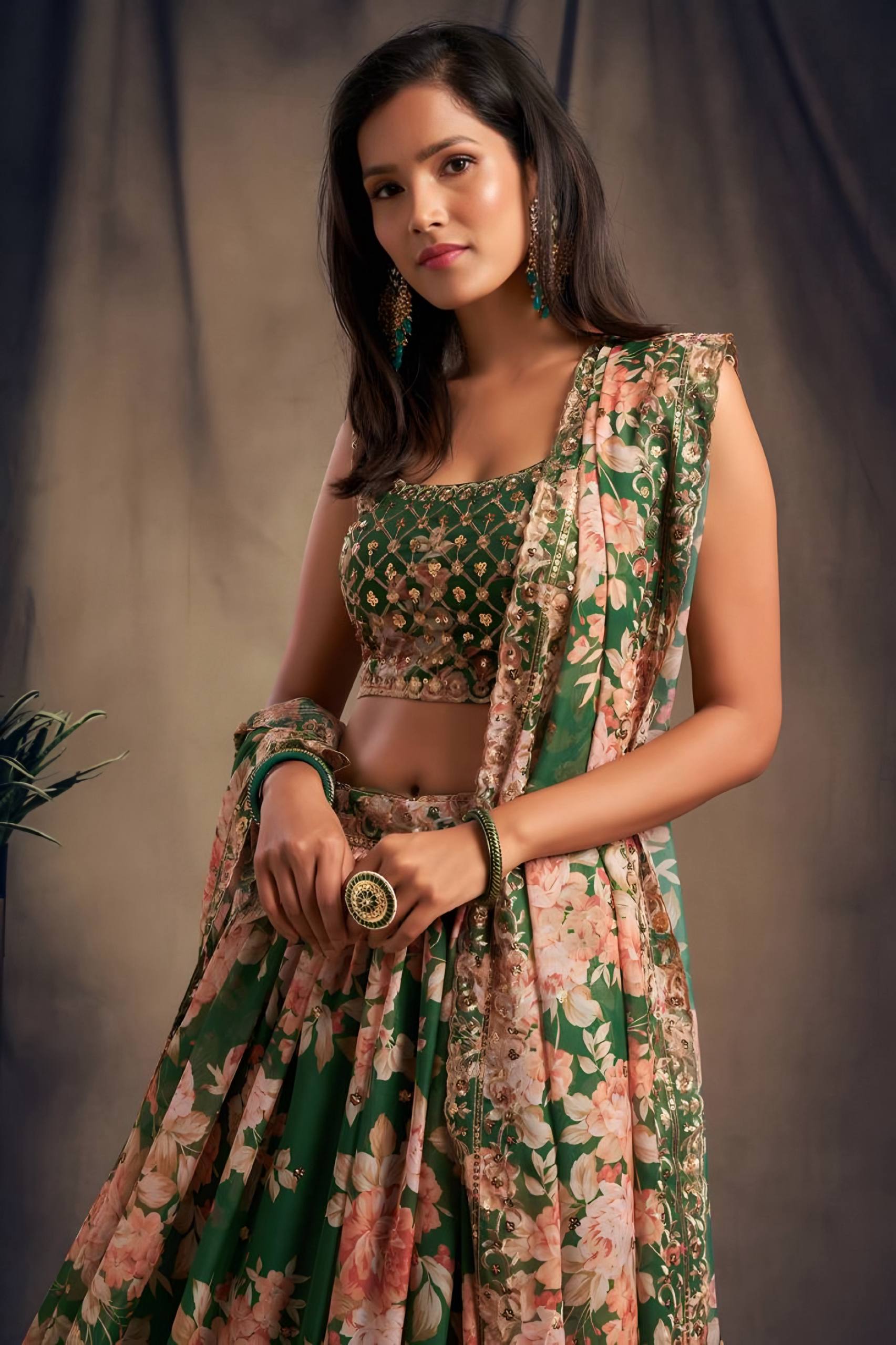 🌿 Green Floral Embroidered Lehenga Set ✨