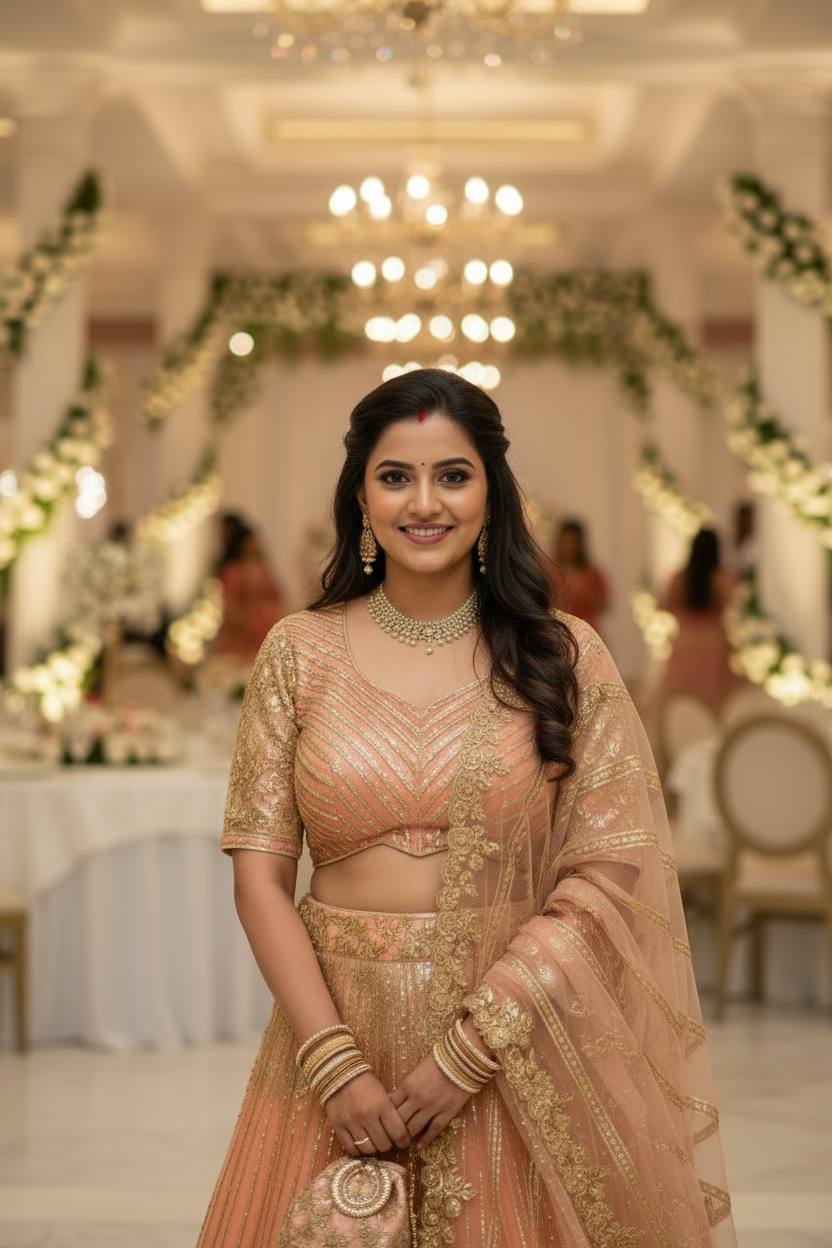 Peach Gold Embroidered Partywear Lehenga 🌸✨