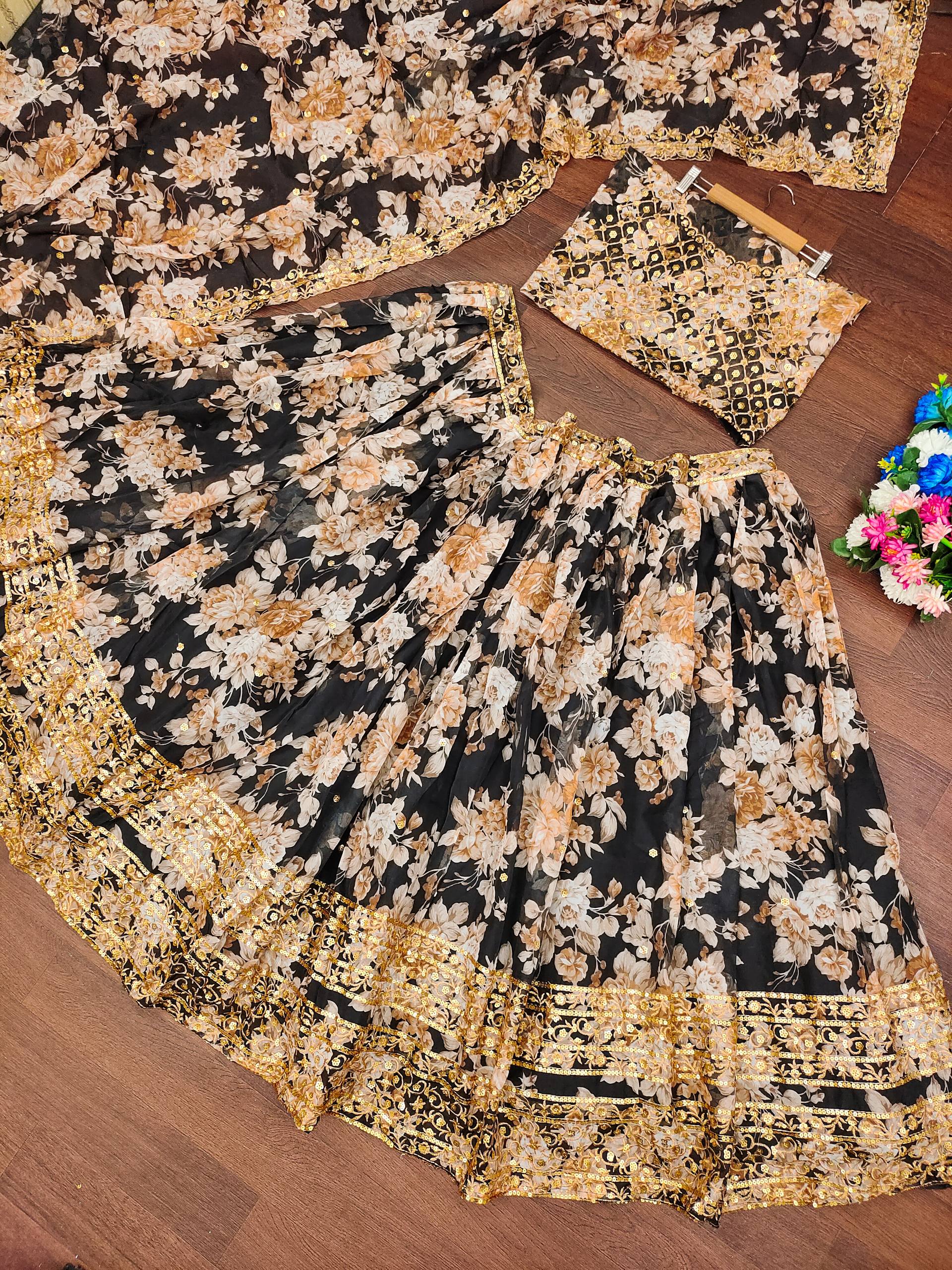 🌹 Black Floral Printed Embroidered Lehenga Set with Dupatta 🌹