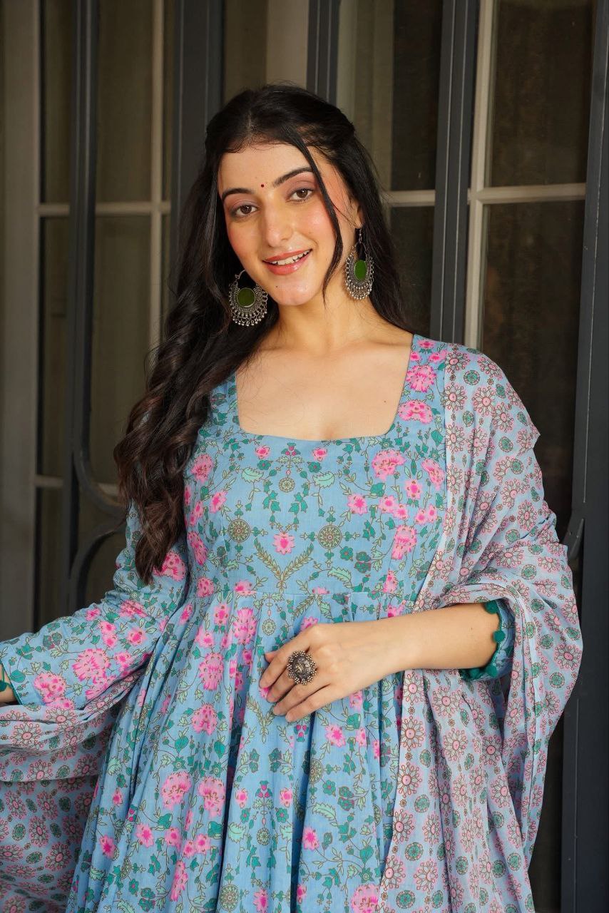 🌸 Elegant Sky Blue Floral Anarkali Kurta Set with Dupatta 🌸