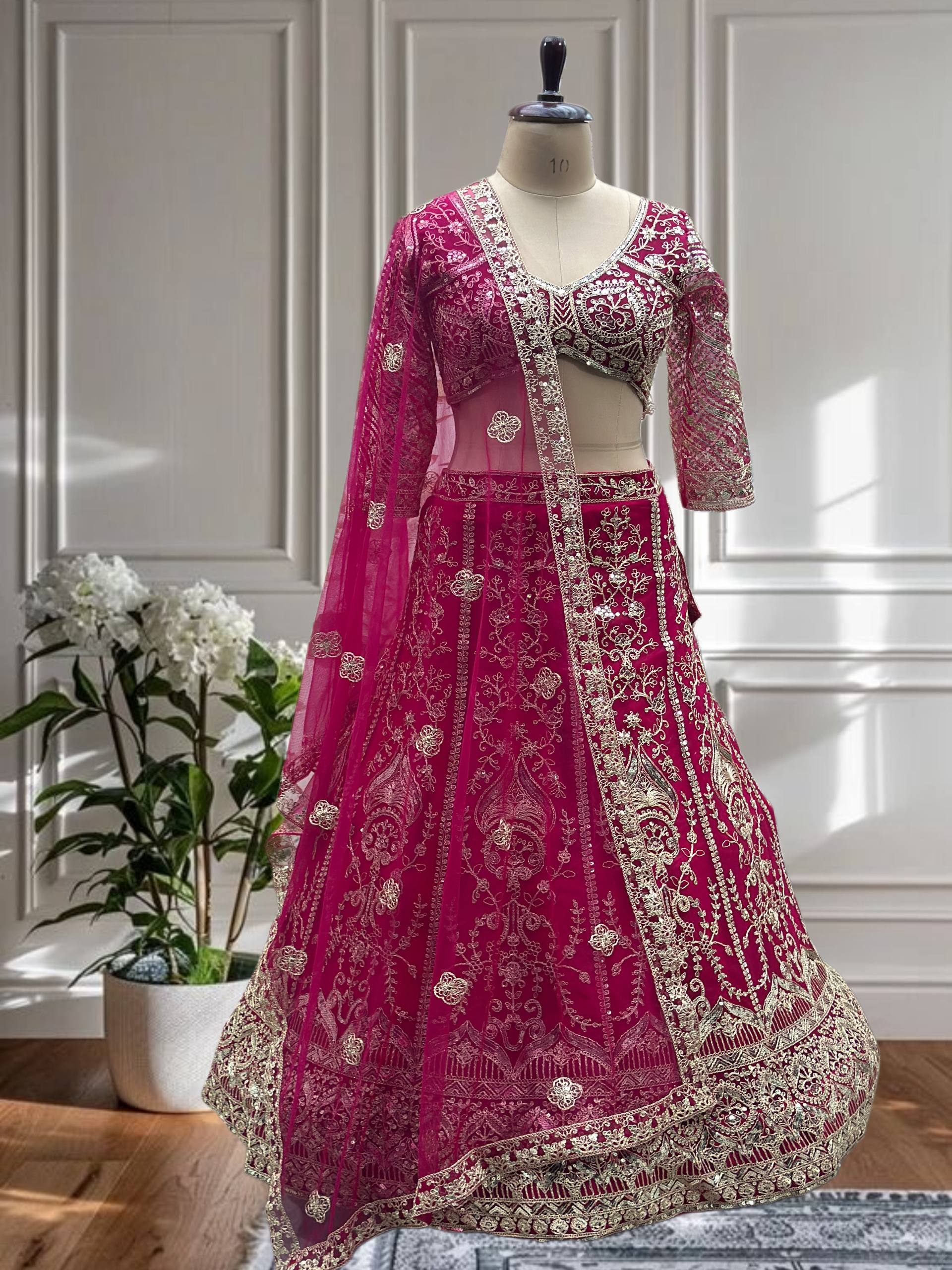 Fuchsia Pink Embroidered Bridal Lehenga Choli with Net Dupatta 🌸✨