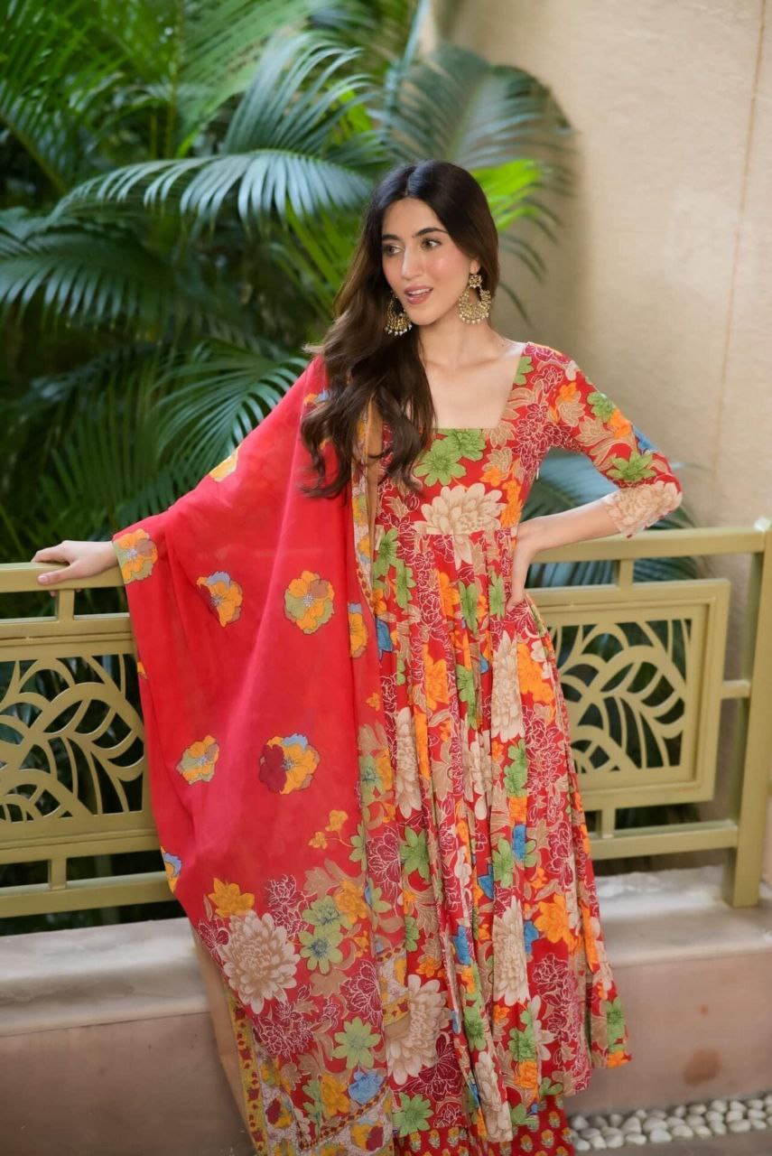 Vibrant Floral Print Anarkali Set with Red Dupatta 🌸✨
