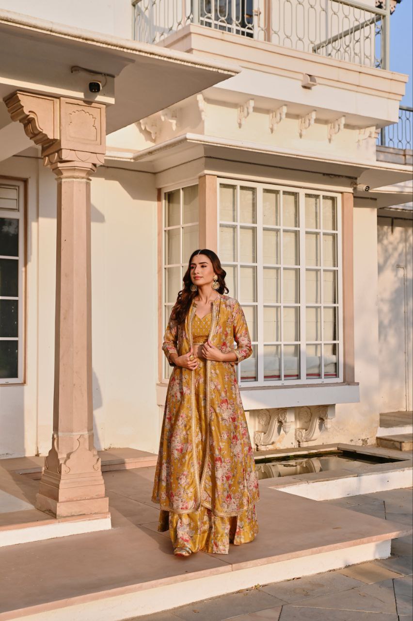 Sunshine Yellow Floral Printed Lehenga Set with Jacket