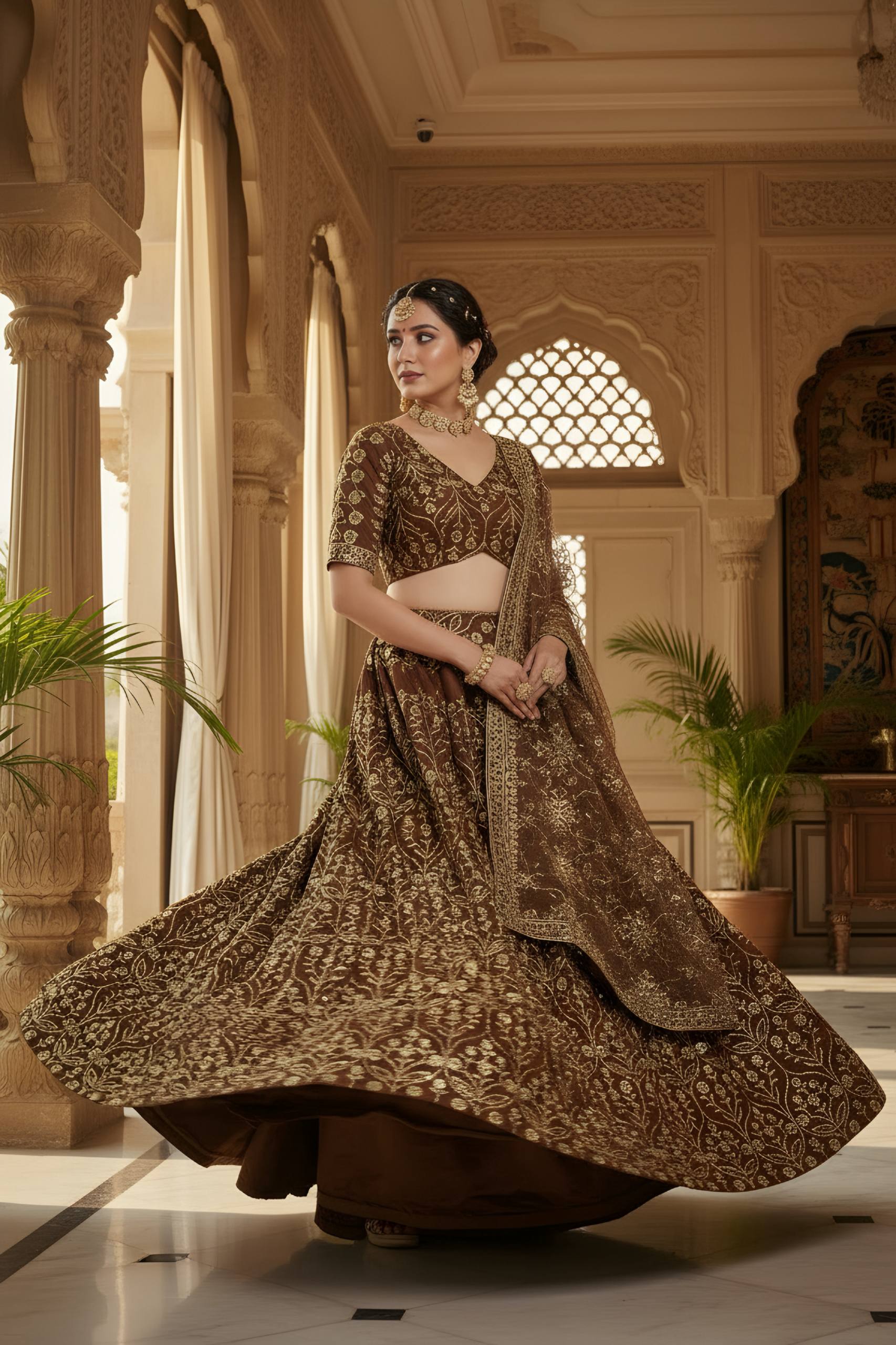 ✨ Regal Brown & Gold Embroidered Lehenga Set – Wedding & Festive Wear ✨