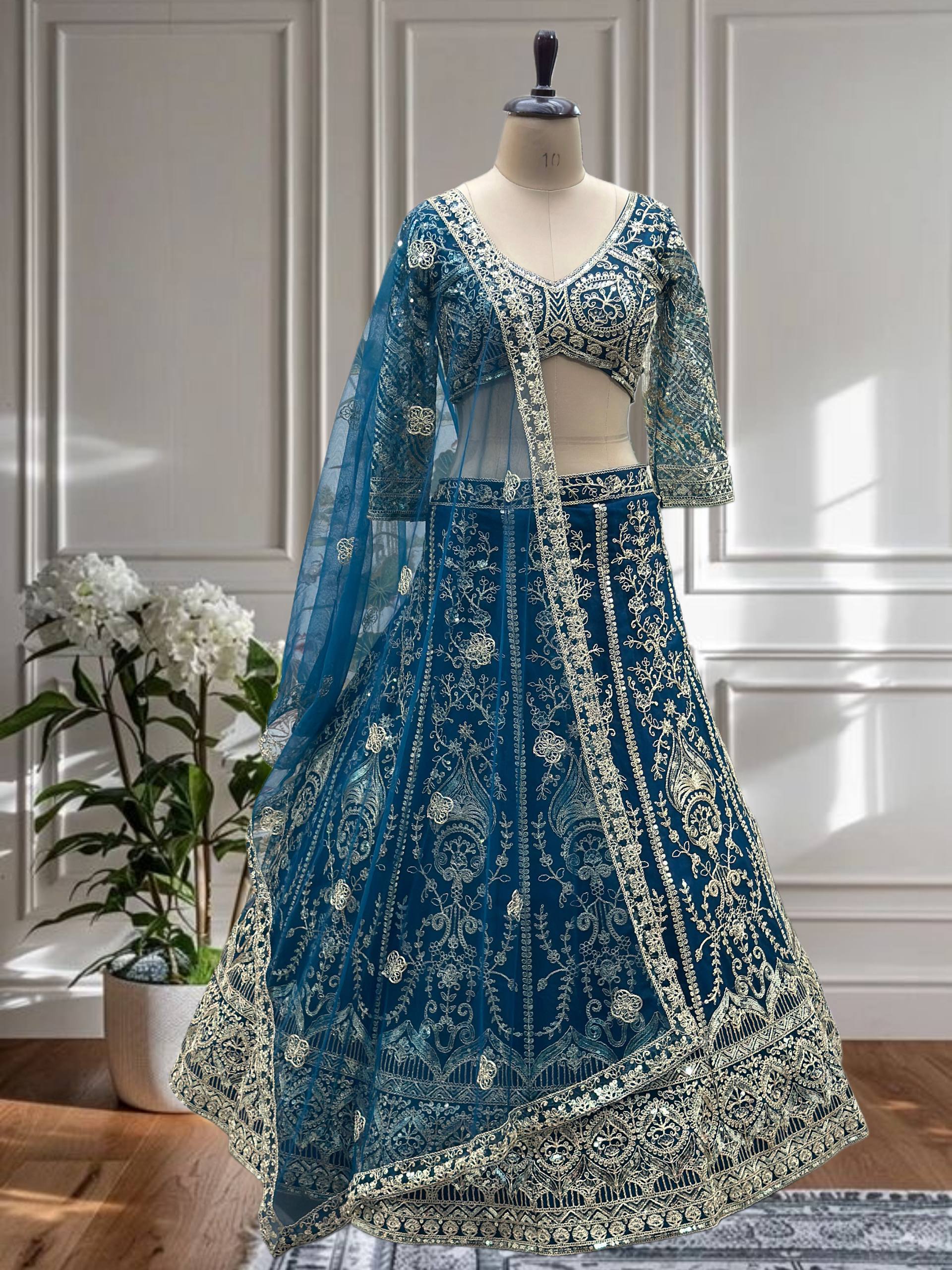 Royal Blue Embroidered Bridal Lehenga Choli with Net Dupatta ✨