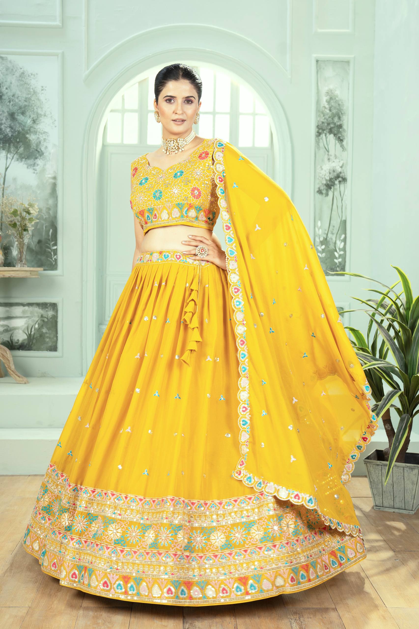 🌼 Sunshine Yellow Multicolor Embroidered Lehenga Set – Festive & Haldi Special 🌼