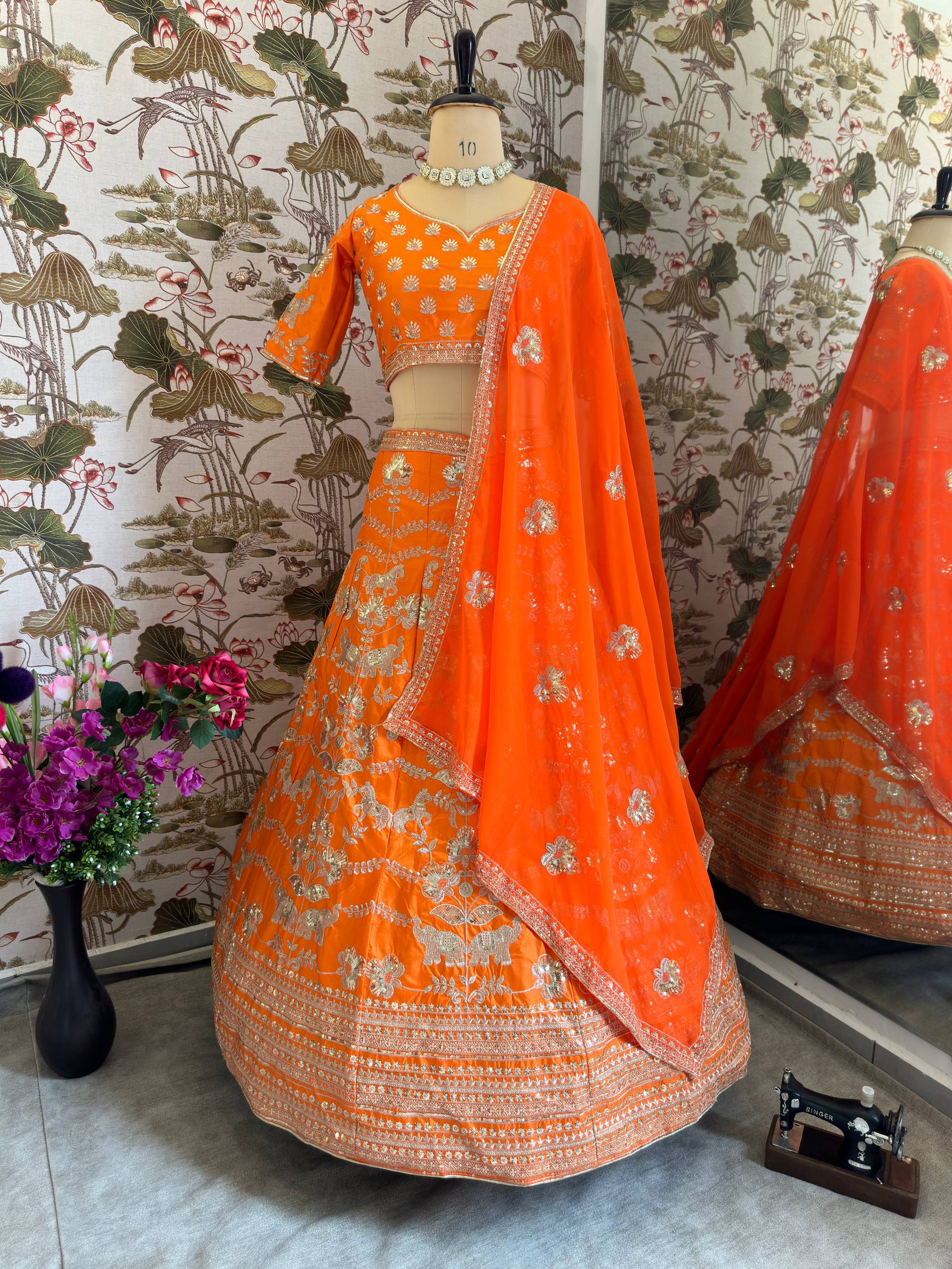 Vibrant Orange Embroidered Silk Lehenga Choli with Dupatta ✨