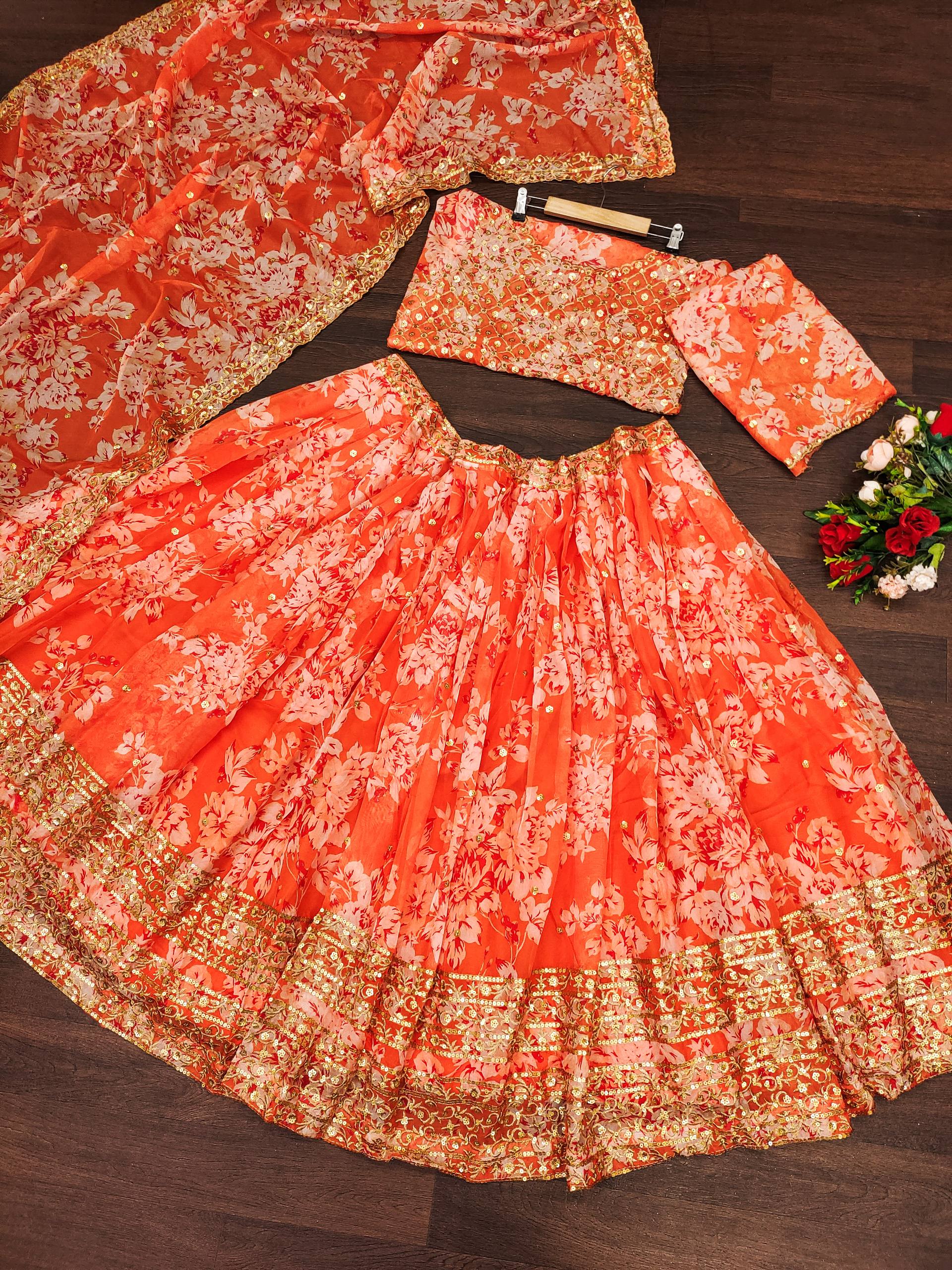 🧡 Orange Floral Embroidered Lehenga Set ✨