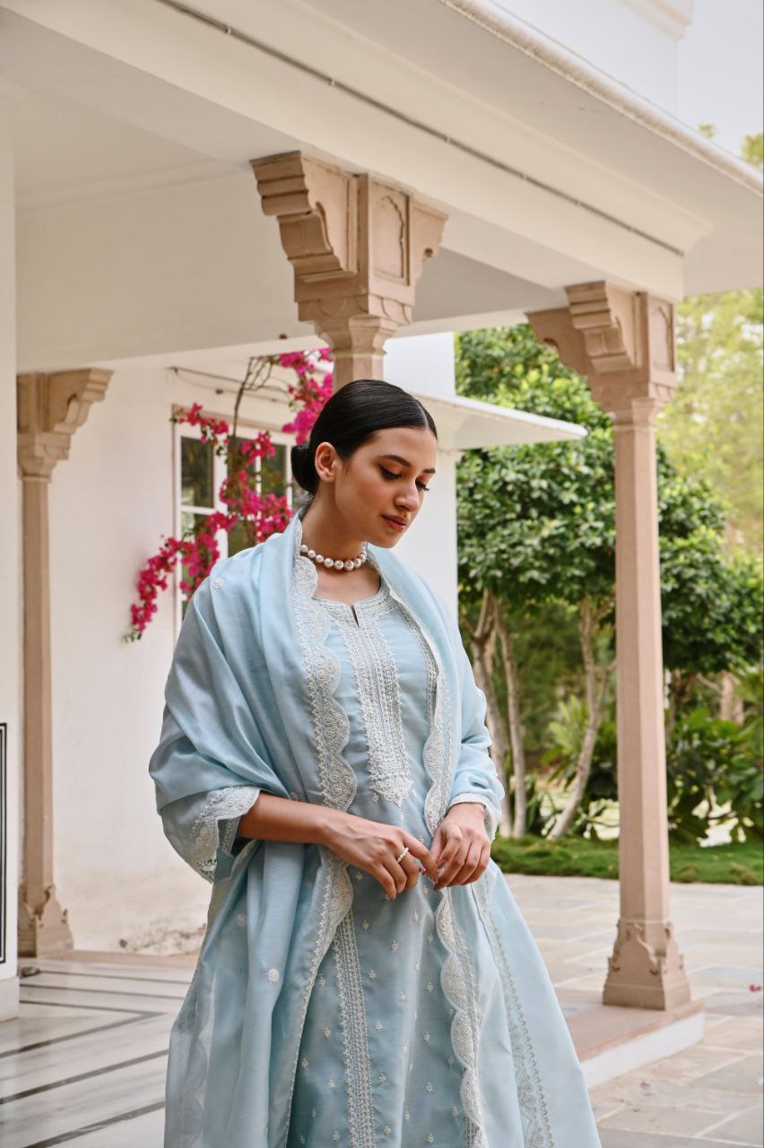 ❄️ Serene Pastel Blue Embroidered Suit Set