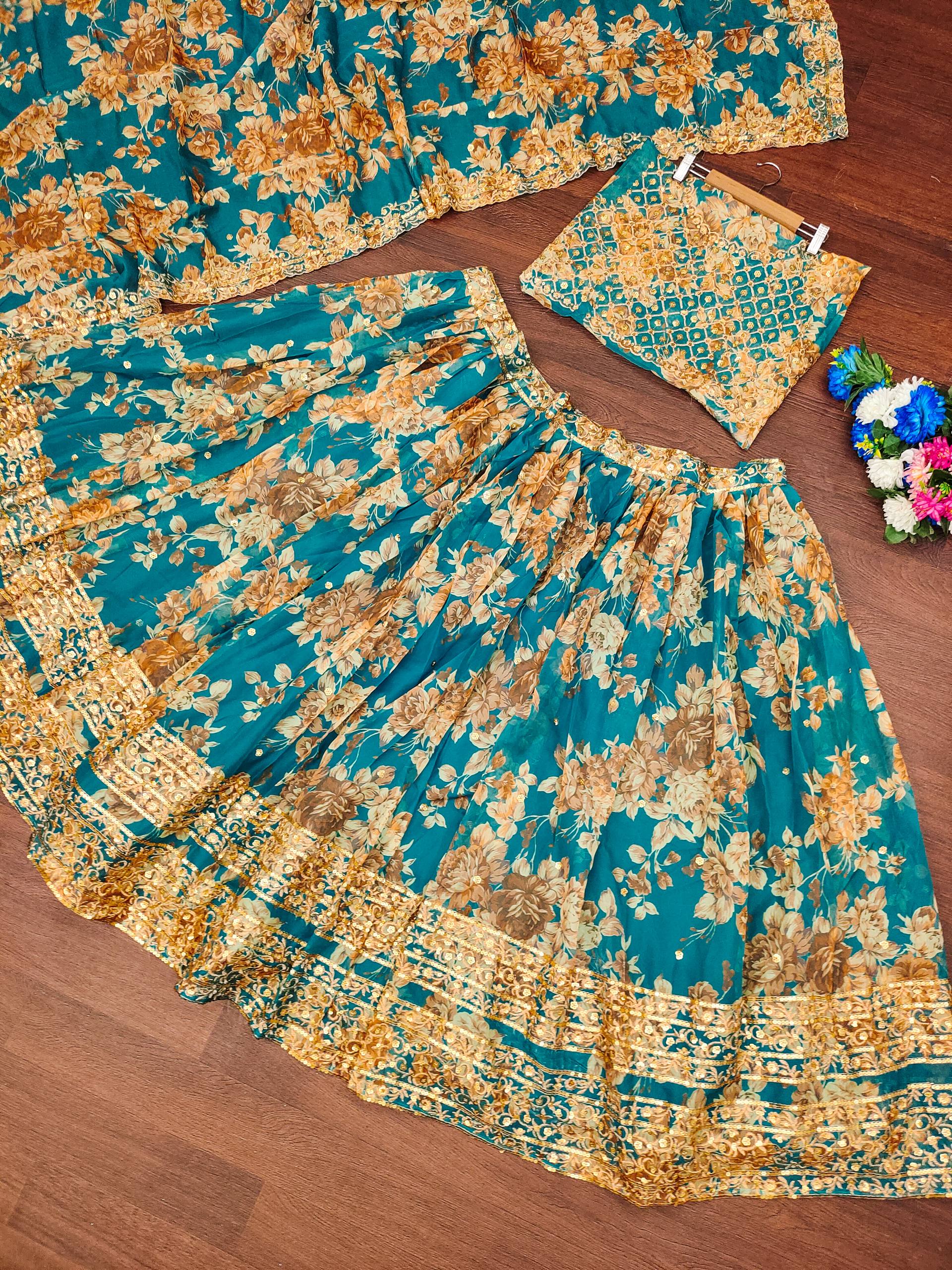 🌿 Teal Blue Floral Embroidered Lehenga Set ✨