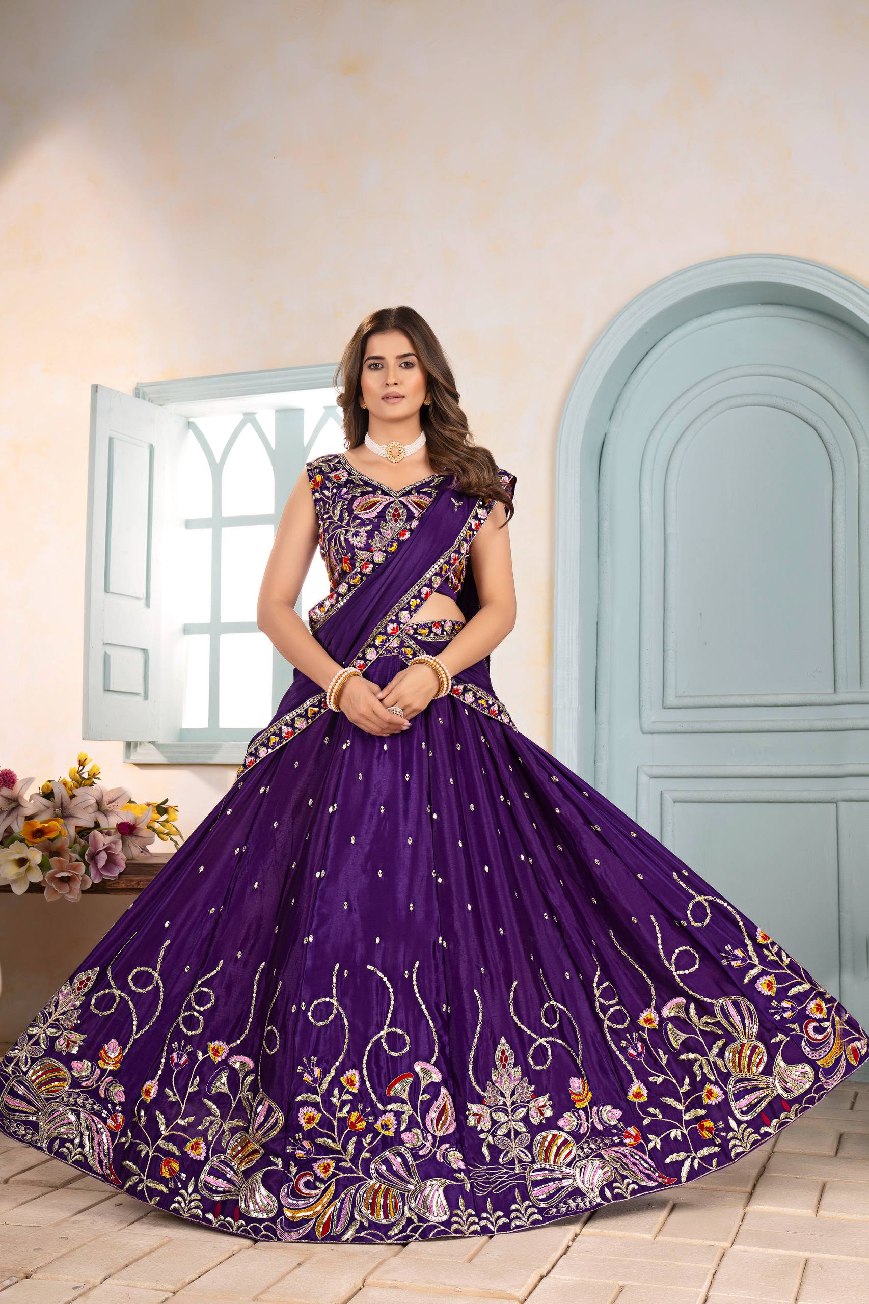 Royal Purple Embroidered Silk Lehenga Choli with Dupatta ✨🌸