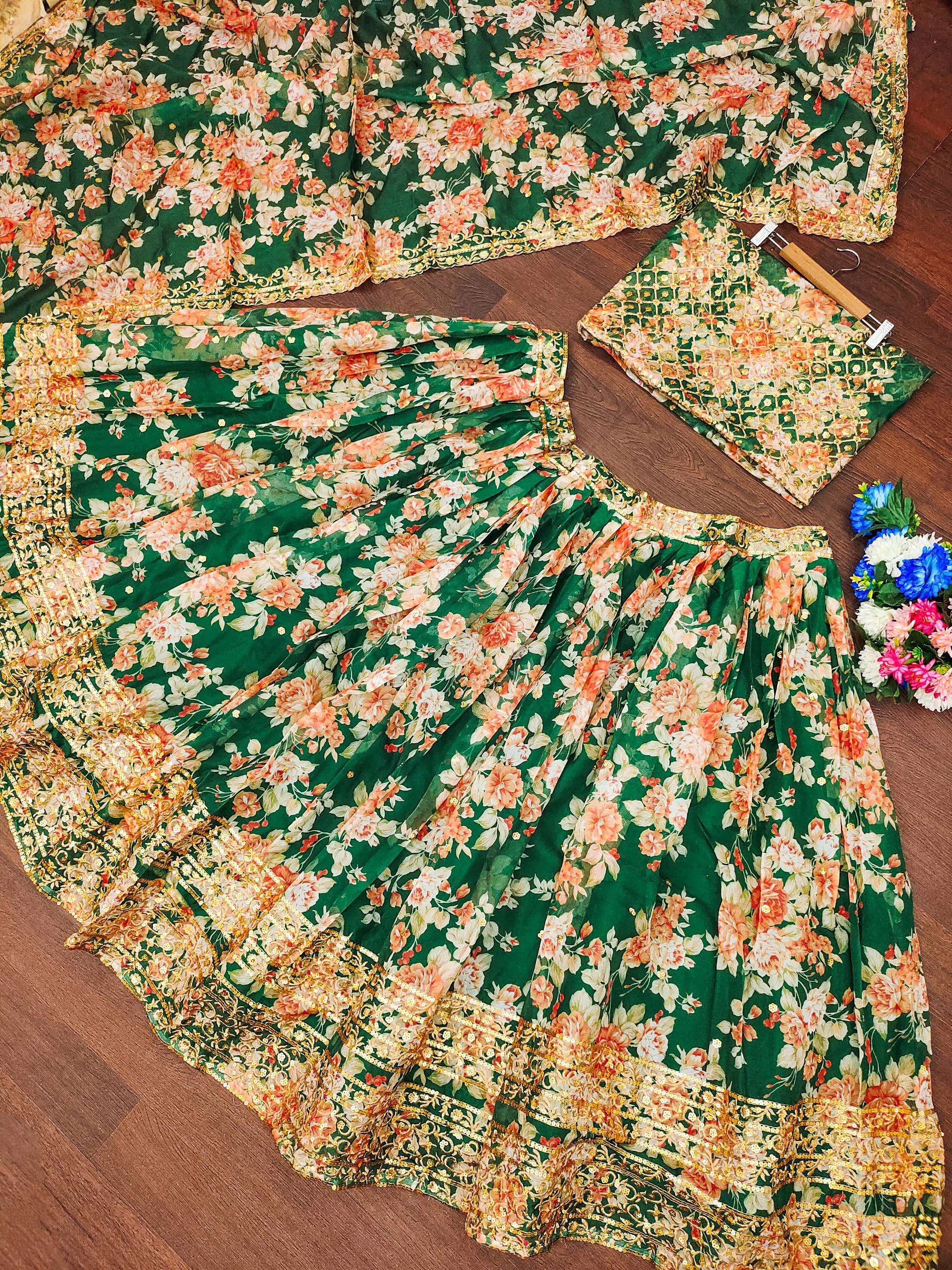 🌿 Green Floral Embroidered Lehenga Set ✨
