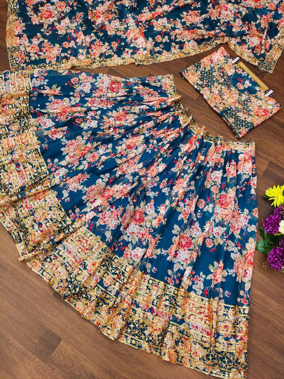 🌸 Navy Blue Floral Embroidered Lehenga Set ✨