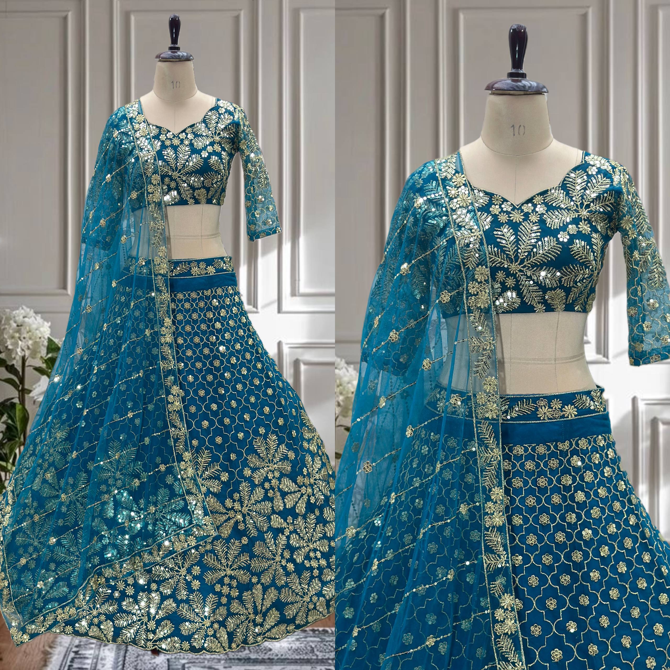 ✨ Teal Blue Embroidered Net Lehenga Choli with Dupatta
