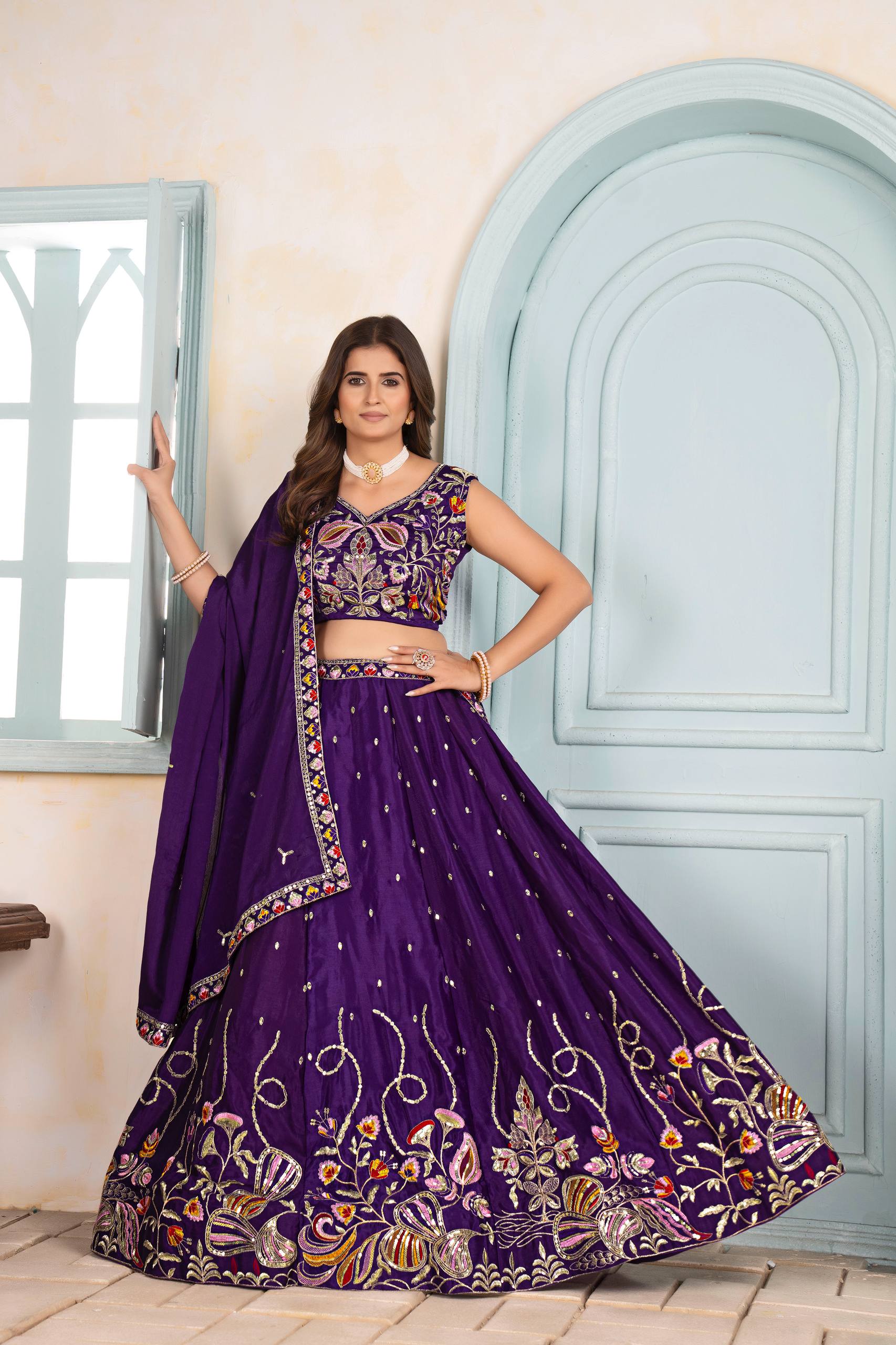 Royal Purple Embroidered Silk Lehenga Choli with Dupatta ✨🌸
