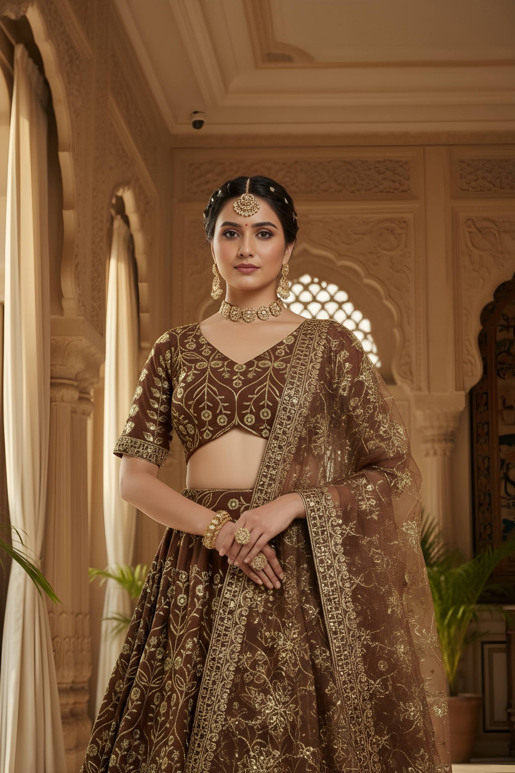 ✨ Regal Brown & Gold Embroidered Lehenga Set – Wedding & Festive Wear ✨