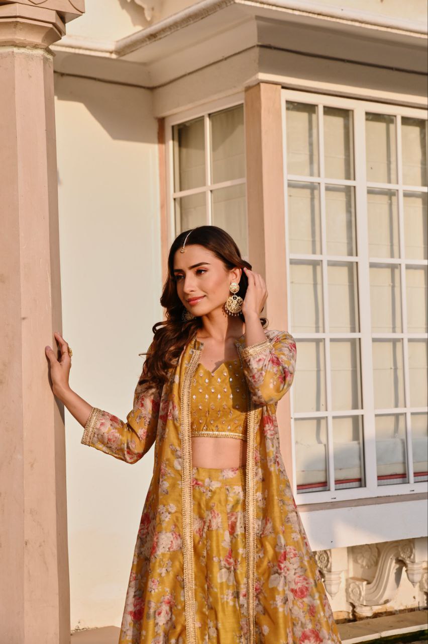Sunshine Yellow Floral Printed Lehenga Set with Jacket